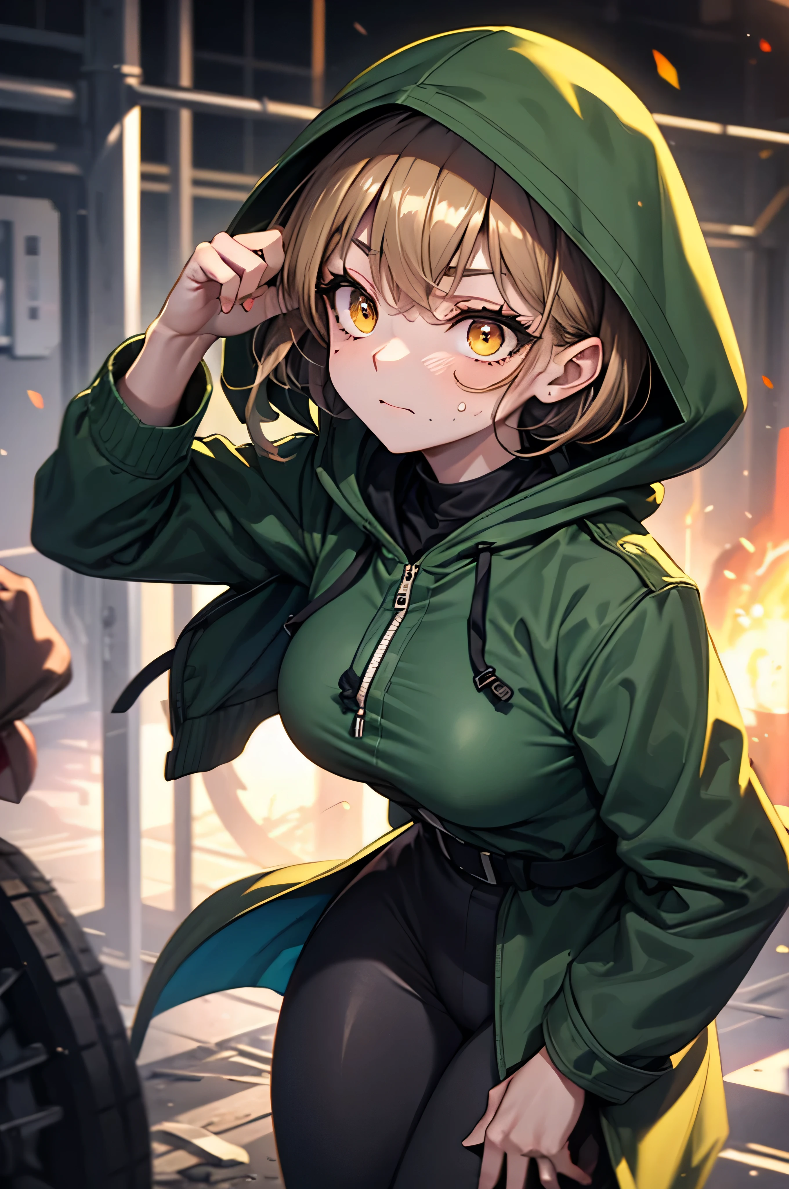 landscape, military, devastated field, dug-in, funk hole., entrenchment, barbed-wired fencing, BREAK. (1 fatigued skinny girl standing alone), light brown short hair, swaying back, BREAK, (dark green long coat with hood:1.2), (dark green hood covers over her head:1.3), tight-fit dark green military uniform, tight-fit dark green leggings, BREAK, (glowing golden eyes:1.2), (shadows under her eyes:1.2), (wince:1.3), (fatigued:1.4), BREAK, bouncing large breasts, bursting large breasts, very short torso
