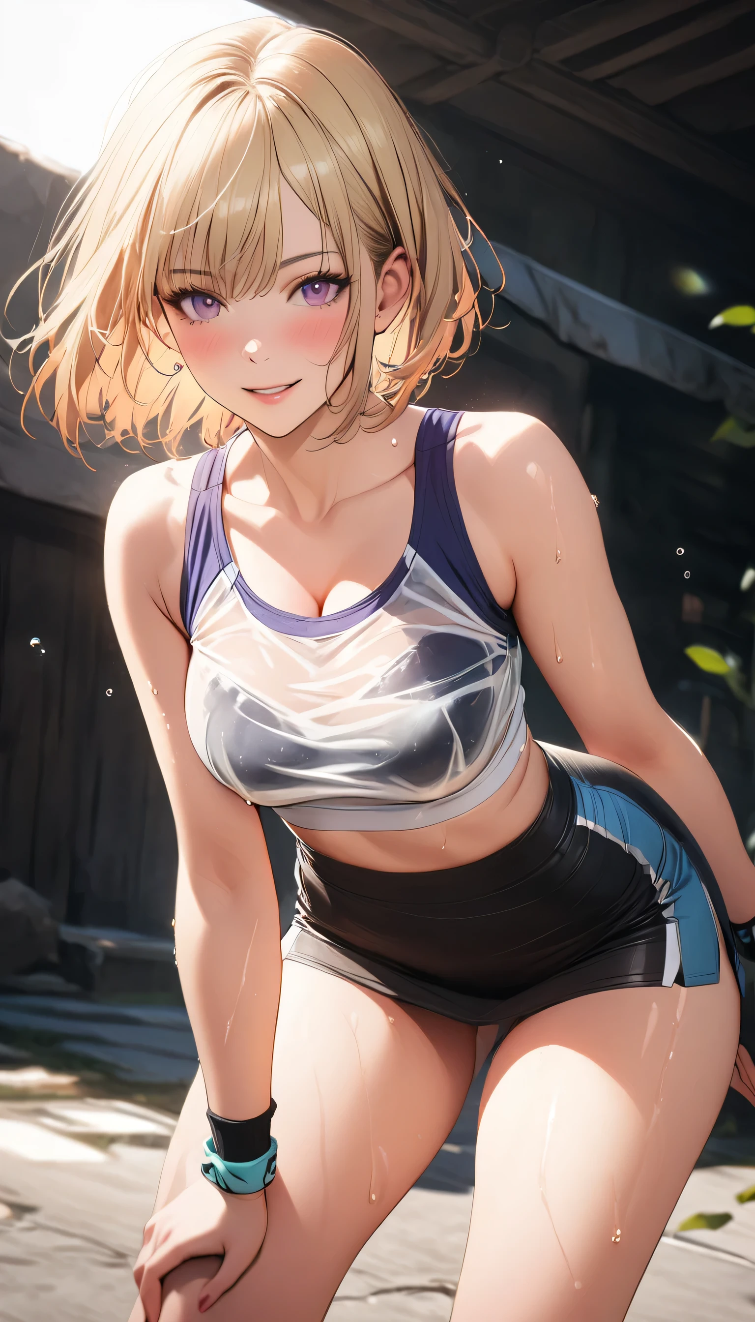 realistic, 1 girl, short bob hair, parted lips, blush, compensate, light smile, blonde hair, sportswear, skirt, wet clothes, shine, thighs, purple eyes, bare shoulders, clavicle, tight waist, sunbeam, sunlight, Rose, Wind, cleavage, (masterpiece), Sweat,