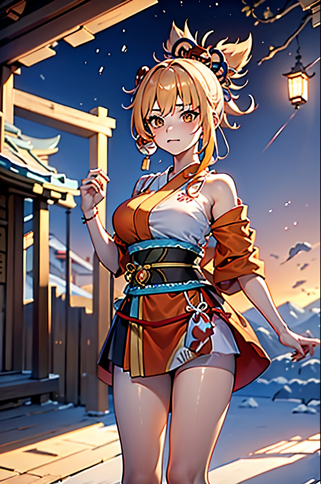 yoimiya, miko costume, yoimiya, orange haired girl in a Japanese priestess costume. IN A JAPANESE TEMPLE IN POOR CONDITION, night. Miko clothes. GOOD THIGHS.