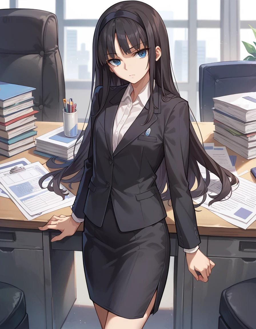 (best quality:1.4), (masterpiece:1.4), 1girl, akiha tohno, suit, office lady, black suit, pencil skirt, long hair, teenager, looking at viewer, extremely detailed, anime, , black hair, office worker, expressionless,