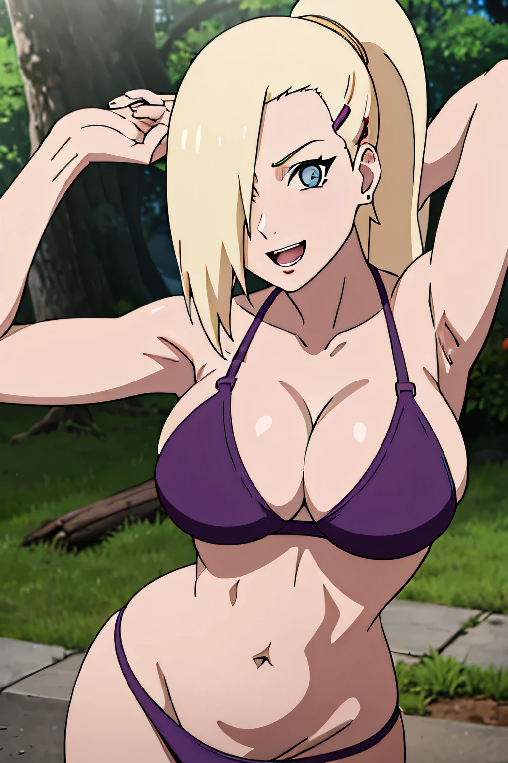 ((((wearing purple bikini))))),(((((Large breast))))) Ino yamanaka, looking at the viewer, gorgeous, attractive, groin, cowboy shot, ultra detailed face, sunny day, day time, upper body view, anime style, solo, detailed flower field, blonde, (focus on face), ((one eye covered with hair, hair over eye)), large breasts, belly button, looking at the viewer, sexy arms, (off-shoulders, small shoulders, curving body), hidden eye, smile, open mouth, very happy, tall, hair clip, sharp look, sharp face, sharp eye, cold colors,