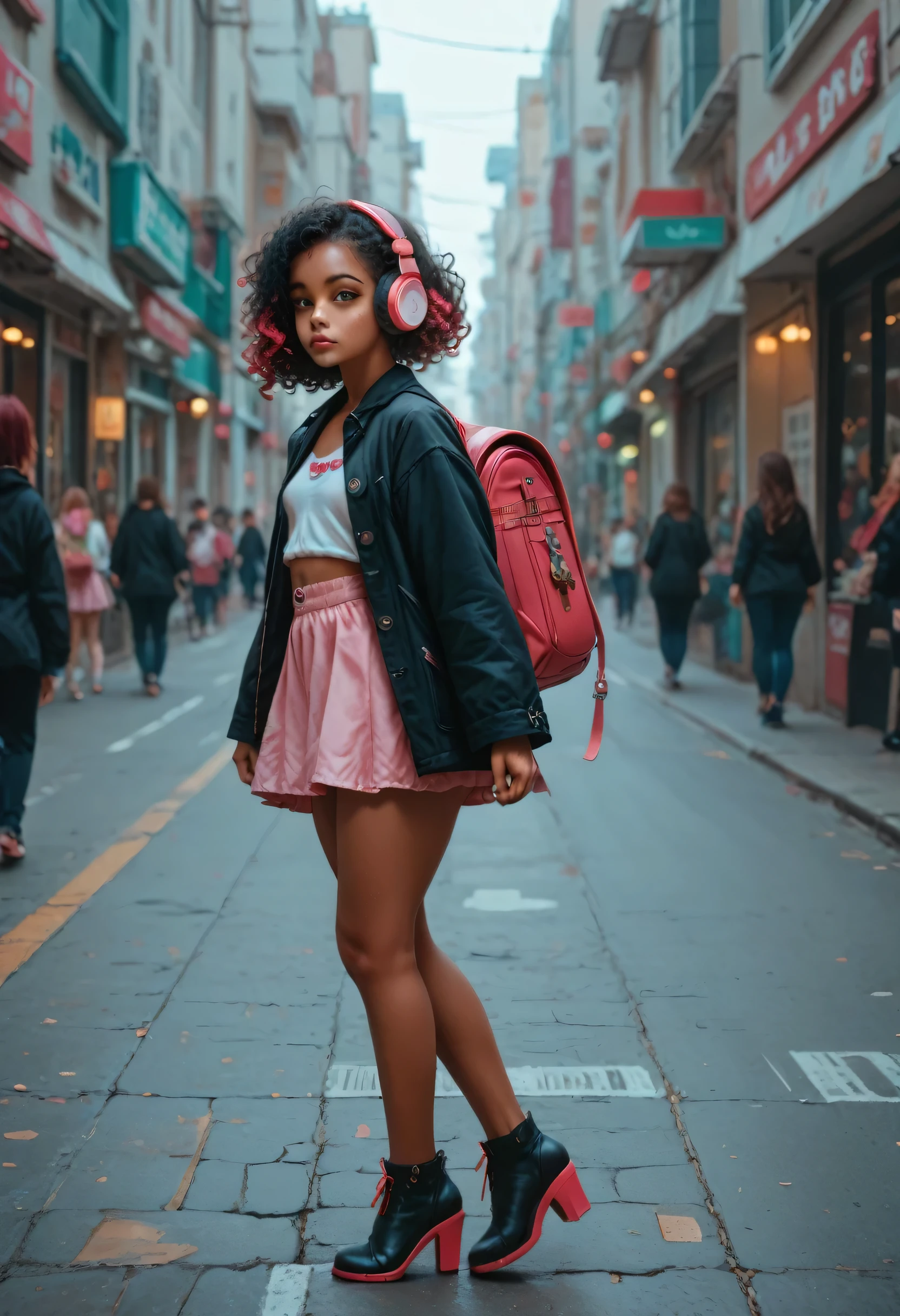 ((girl, dark skin, small breasts 0.9, Big ass 1.2, (((Small and proportional body))), multicolored hair, black hair 0.7 red hair 0.3, curly hair, cute face, piercing no nariz, headphones.)) girl is walking on the street on sunny day with many people around, she is wearing a pink backpack, a black coat with red details, pink cotton mini skirt, black high heel boot, FIRST WORK, highly detailed, high definition, high resolution, sharpness, 8k. 