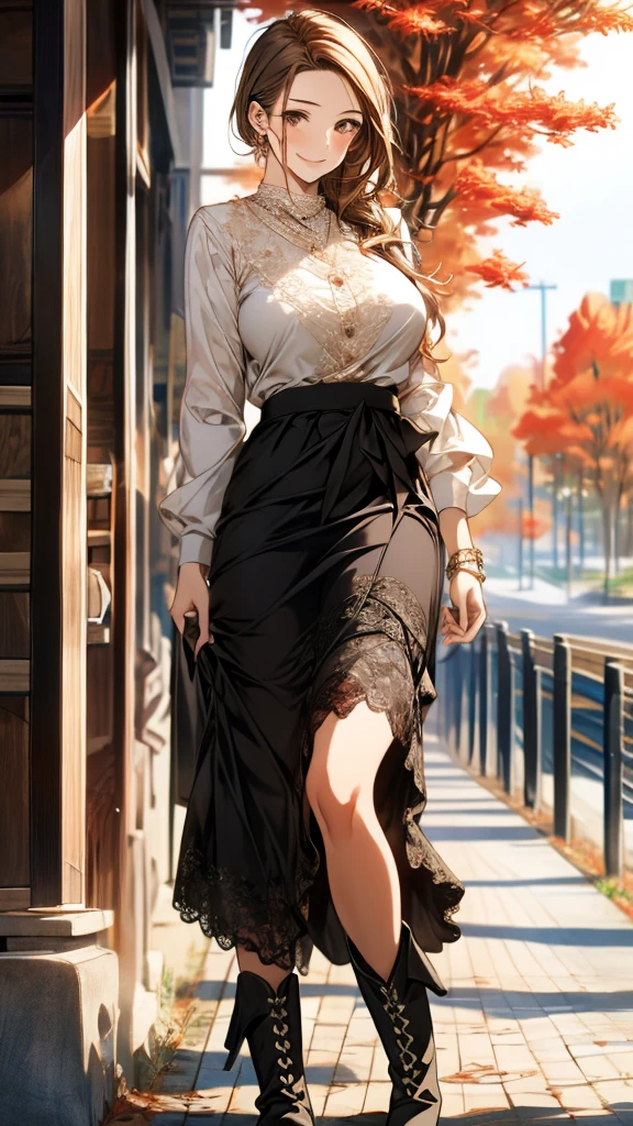 Best Quality,High image quality,Masterpiece,1girl,Adult women,Light brown hair,Long Hair,Side braiding,Droopy eyes,8 heads,Big Breasts,blouse,Stole,Brown lace long skirt,Beautiful lace,boots,standing,Elegant appearance,smile,autumn leaves,Tree-lined street,Detailed cloth texture,Photographed from the front,Soft Light