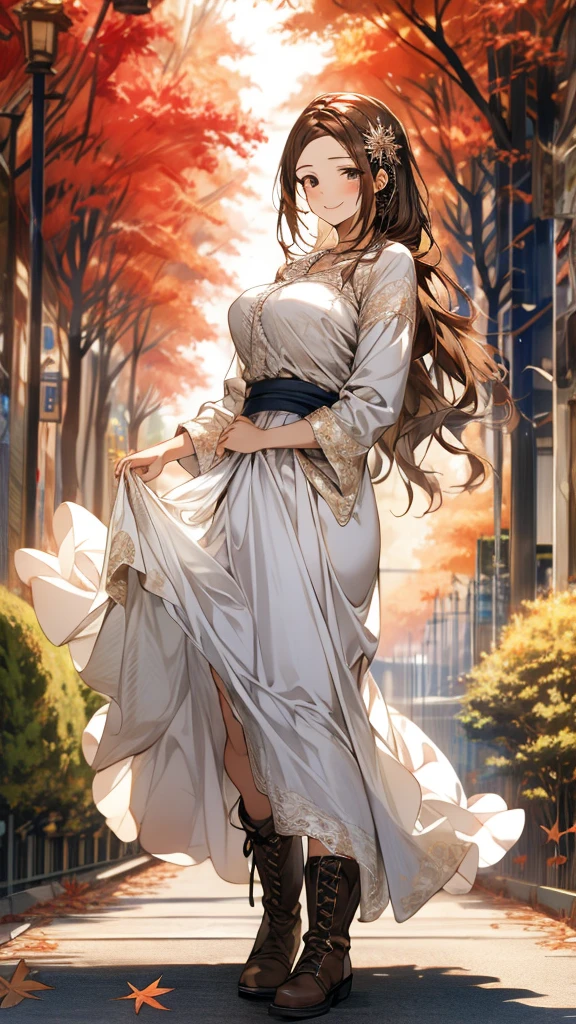 Best Quality,High image quality,Masterpiece,1girl,Adult women,Light brown hair,Long Hair,Side braiding,Droopy eyes,8 heads,Big Breasts,blouse,Stole,Brown lace long skirt,Beautiful lace,boots,standing,Elegant appearance,smile,autumn leaves,Tree-lined street,Detailed cloth texture,Photographed from the front,Soft Light