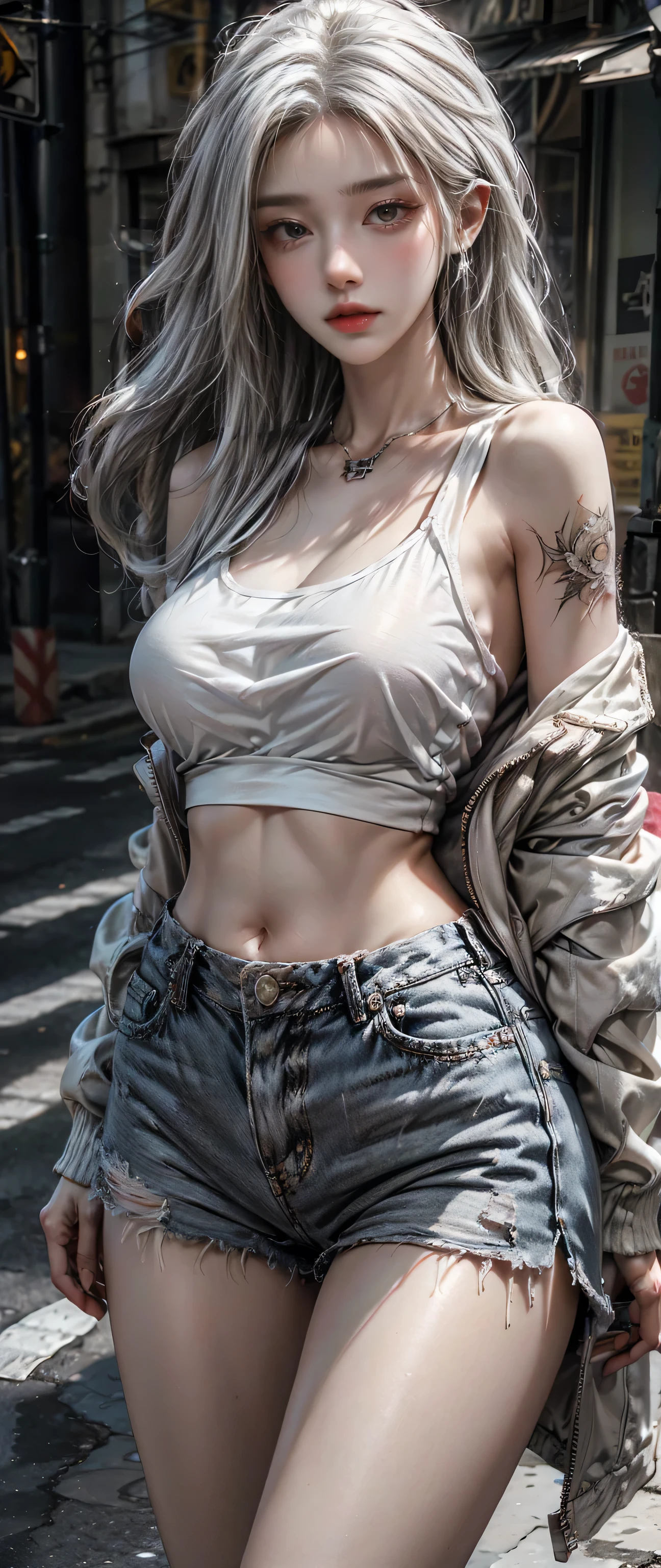 Beautiful girl, grey hair, crop tank top, mini jeans, fit slim body , tattoos , strong sharp look , pointed breasts , bellly piercing