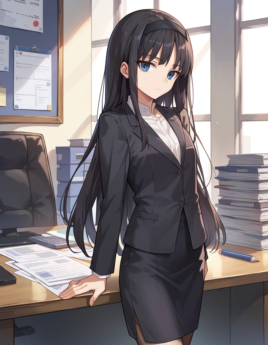 (best quality:1.4), (masterpiece:1.4), 1girl, akiha tohno, suit, office lady, black suit, pencil skirt, long hair, teenager, looking at viewer, extremely detailed, anime, age 15, black hair, office worker, expressionless,