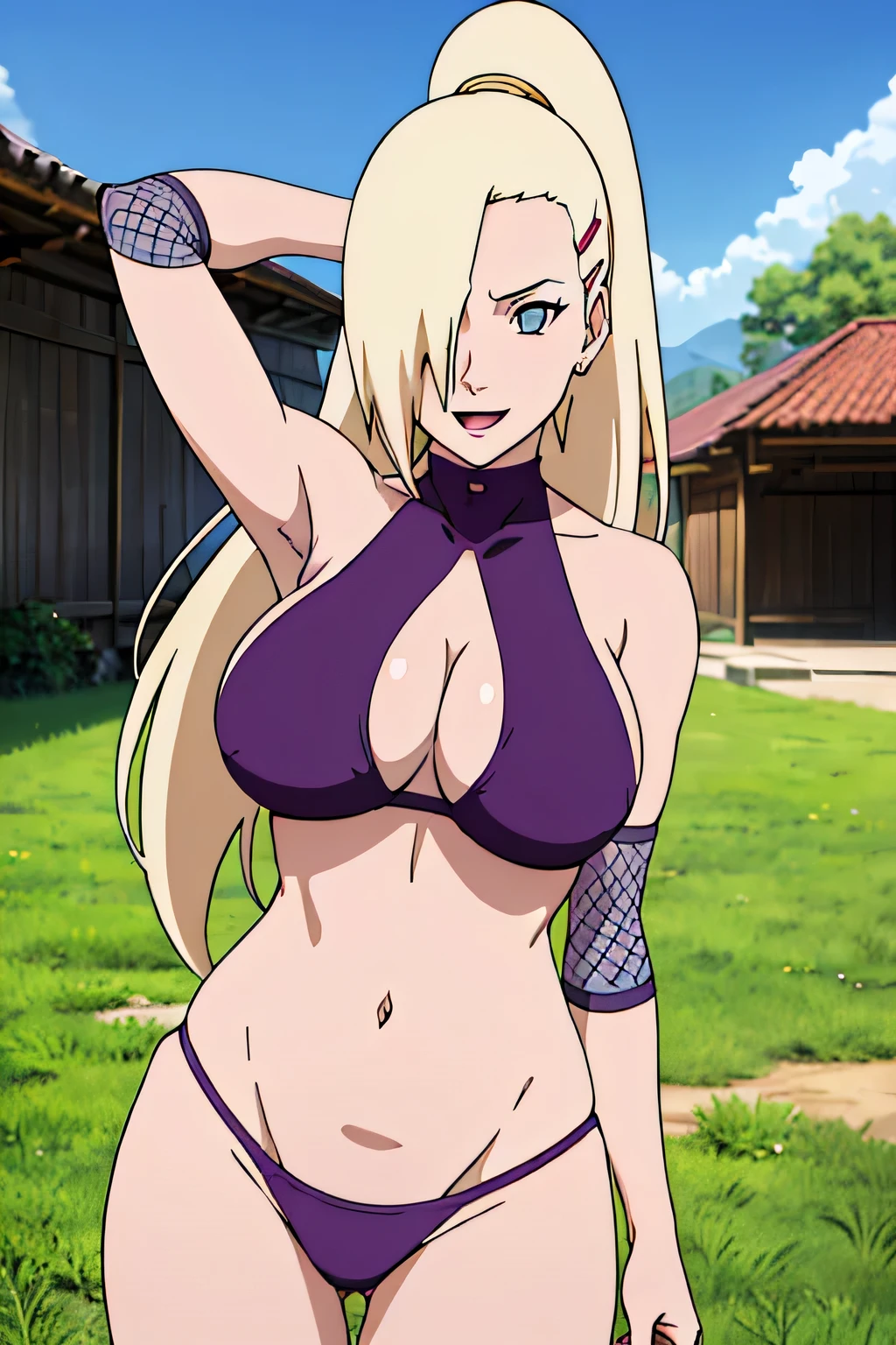 ((((wearing purple bikini))))),(((((Large breast))))) Ino yamanaka, looking at the viewer, gorgeous, attractive, groin, cowboy shot, ultra detailed face, sunny day, day time, upper body view, anime style, solo, detailed flower field, blonde, (focus on face), ((one eye covered with hair, hair over eye)), large breasts, belly button, looking at the viewer, sexy arms, (off-shoulders, small shoulders, curving body), hidden eye, smile, open mouth, very happy, tall, hair clip, sharp look, sharp face, sharp eye, cold colors,