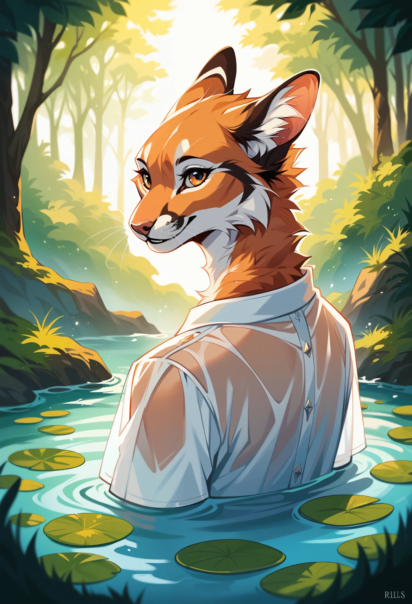 rating_safe, score_9, score_8_up, score_7_up, score_6_up, score_5_up, score_4_up, hires, source_furry, cover page, absurdres, perfect anatomy(Furry, angelic cute 1girl, Solo focus, Smile, portrait)bathing in water, beautiful refraction of water, white shirt soaked in water, transparent clothing, Rich colors, Dreamy, mystical, Tarot Card, erotic, In the forest where the stream flows, Backlighting,