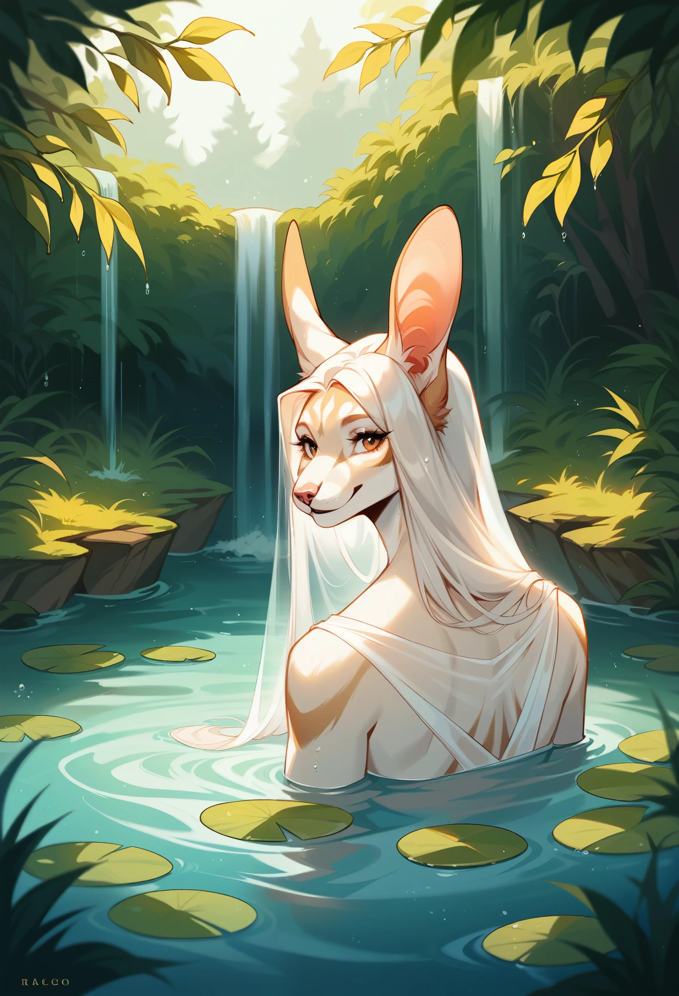 rating_safe, score_9, score_8_up, score_7_up, score_6_up, score_5_up, score_4_up, hires, source_furry, cover page, absurdres, perfect anatomy(Furry, angelic cute 1girl, Solo focus, Smile, portrait)bathing in water, beautiful refraction of water, white shirt soaked in water, transparent clothing, Rich colors, Dreamy, mystical, Tarot Card, erotic, In the forest where the stream flows, Backlighting,