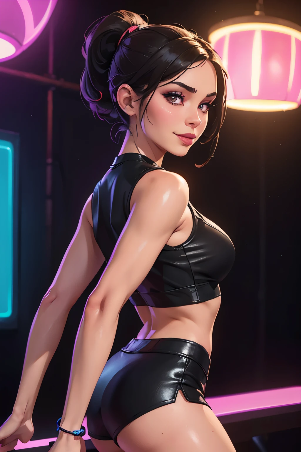 eyes, very slender, thin skinny goddess, incredibly fit, toned body, shredded muscle, wide hips, huge perky ass, very tanned white skin, long jet black hair, blue eyes, high cheekbones, sharp jawline, dimples, most beautiful Mediterranean woman on earth, detailed face and eyes, looking at viewer, masterpiece, best quality, shallow depth of field, 8K HDR, huge breasts, 85mm photo, shallow depth of field, tack sharp, solo, 1girl, extremely close to camera, downblouse, cleavage, centred in frame, facing camera, from the front, plump full lips, exaggerated hourglass physique, zero body fat, muscle definition, striations, broad shoulders, deltoids, tiny waist, long lean torso, shredded eight pack abs, obliques, real hands, extremely seductive, bandeau blouse, miniskirt, flirtatious smile, inside busy nightclub, SlightMuscle