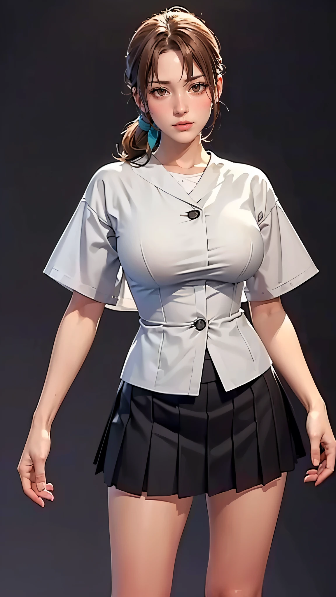 (（（Perfect body,White and tender skin,（（（ocean，JK Set，White shirt，Black pleated skirt）））,(（（pkmndelia，deliaketchum， Light brown eyes, brown hair, low ponytail））),((masterpiece)),highres,((Best quality at best)),masterpiece,quality,Best quality,(（（ Exquisite facial features,Looking at the audience,There is light in the eyes, blush，））），Black background）））