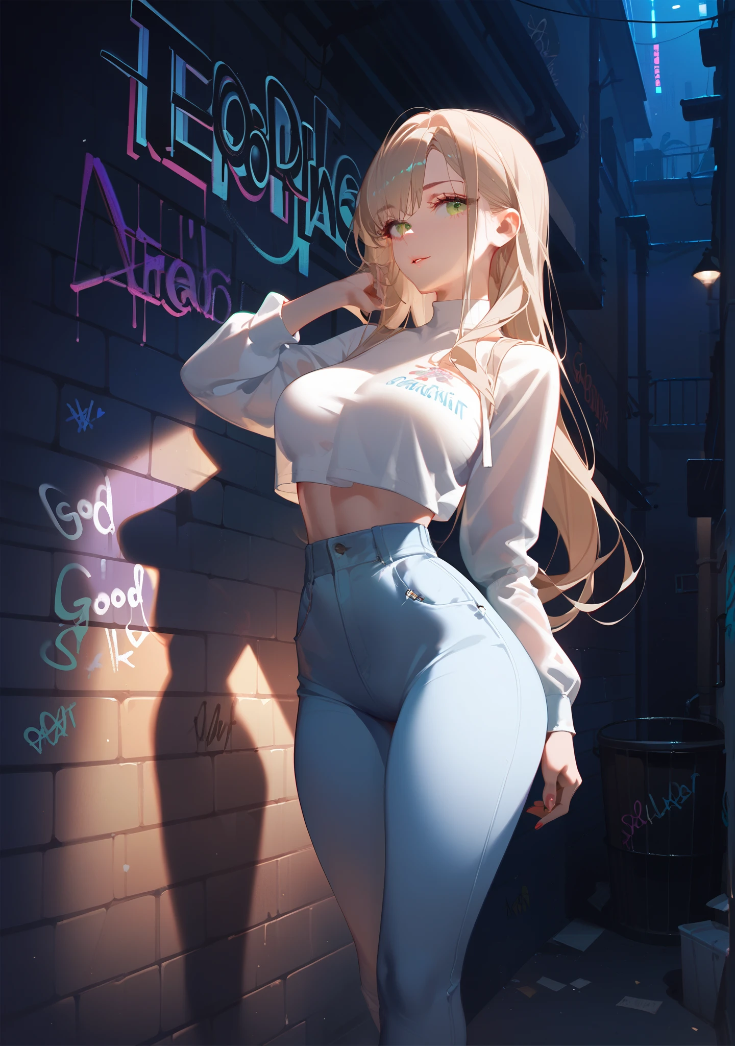 Alley, night, wall graffiti art, Absurd, Perfect Anatomy, performance, Good lighting, Shadows in the movies, large breasts, large butt, thin waist, Long HAIR, light brown HAIR, light green eyes, original HAIR style, Dynamic Angle