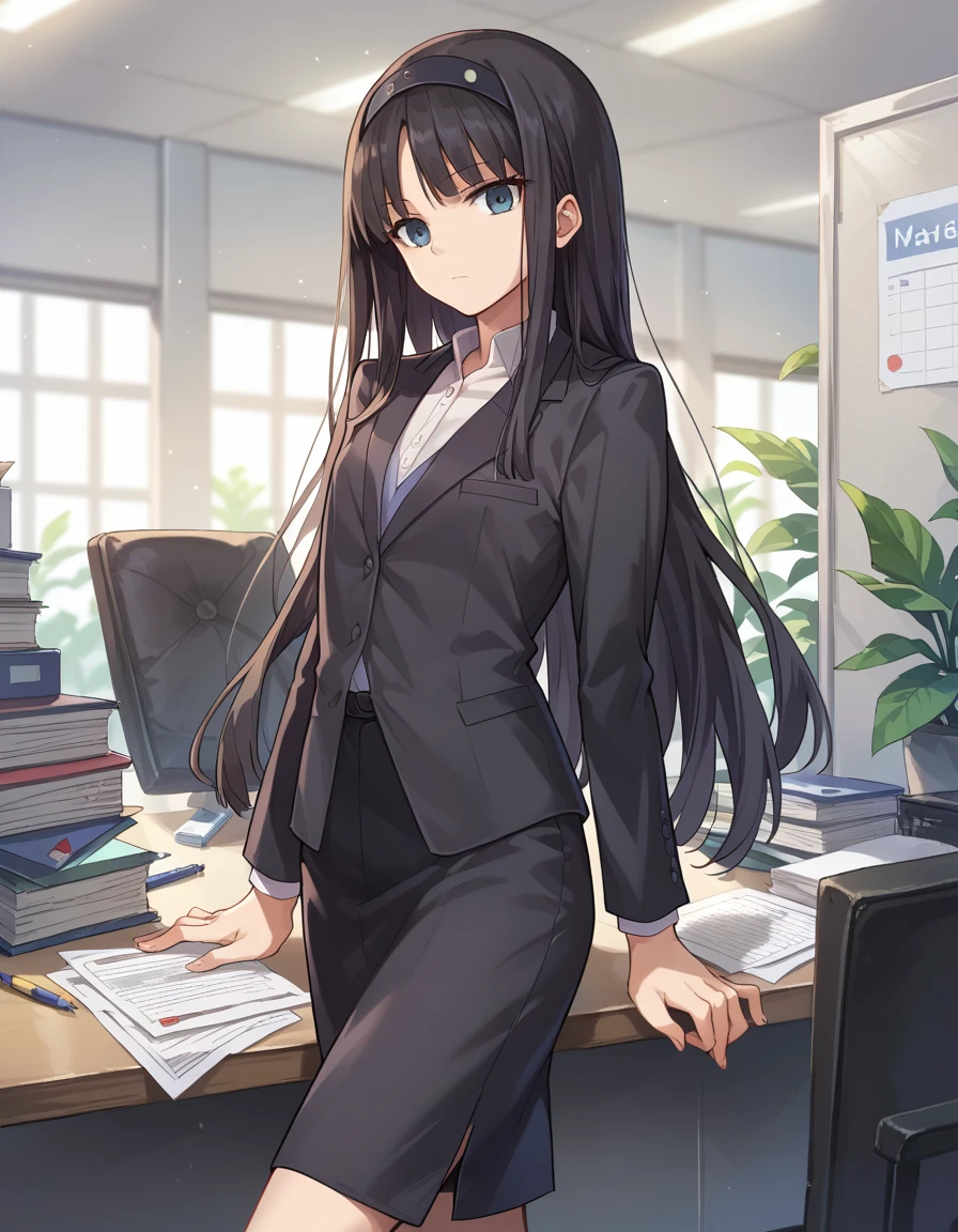 (best quality:1.4), (masterpiece:1.4), 1girl, akiha tohno, suit, office lady, black suit, pencil skirt, long hair, teenager, looking at viewer, extremely detailed, anime, age 15, black hair, office worker, expressionless,