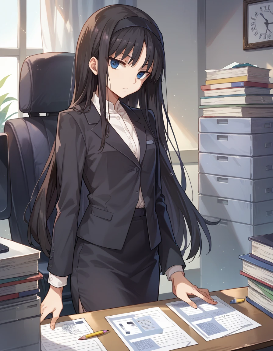 (best quality:1.4), (masterpiece:1.4), 1girl, akiha tohno, suit, office lady, black suit, pencil skirt, long hair, teenager, looking at viewer, extremely detailed, anime, , black hair, office worker, expressionless,