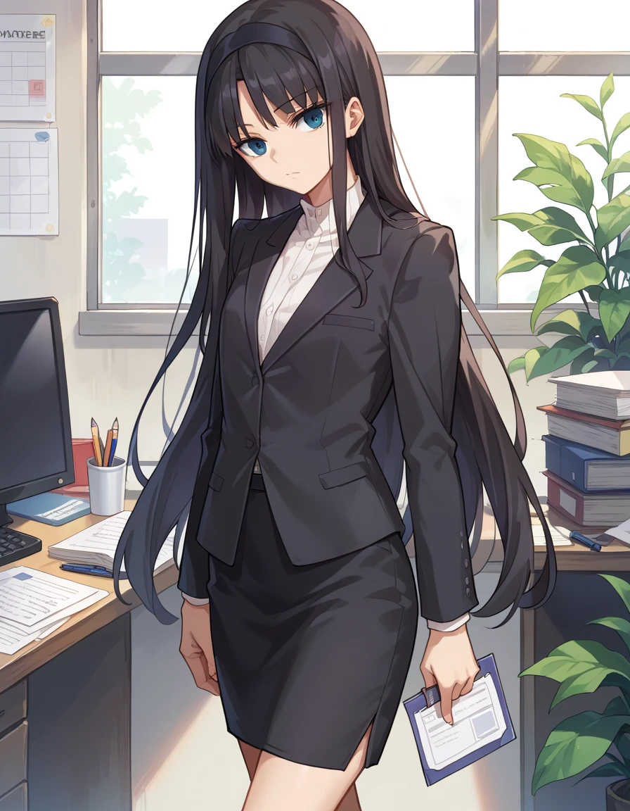 (best quality:1.4), (masterpiece:1.4), 1girl, akiha tohno, suit, office lady, black suit, pencil skirt, long hair, teenager, looking at viewer, extremely detailed, anime, , black hair, office worker, expressionless,