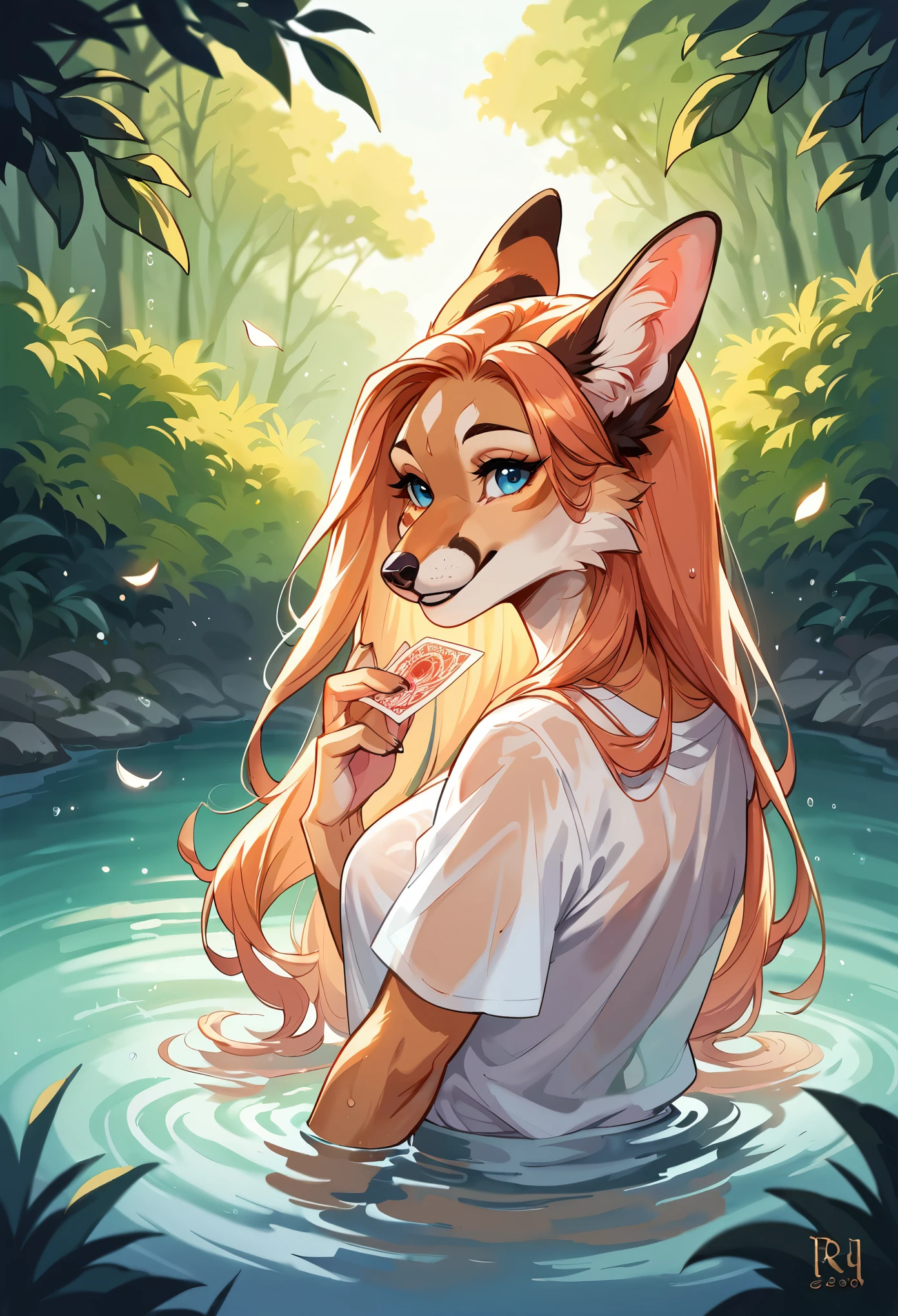rating_safe, score_9, score_8_up, score_7_up, score_6_up, score_5_up, score_4_up, hires, source_furry, cover page, absurdres, perfect anatomy(Furry, angelic cute 1girl, Solo focus, Smile, portrait)bathing in water, beautiful refraction of water, white shirt soaked in water, transparent clothing, Rich colors, Dreamy, mystical, Tarot Card, erotic, In the forest where the stream flows, Backlighting,