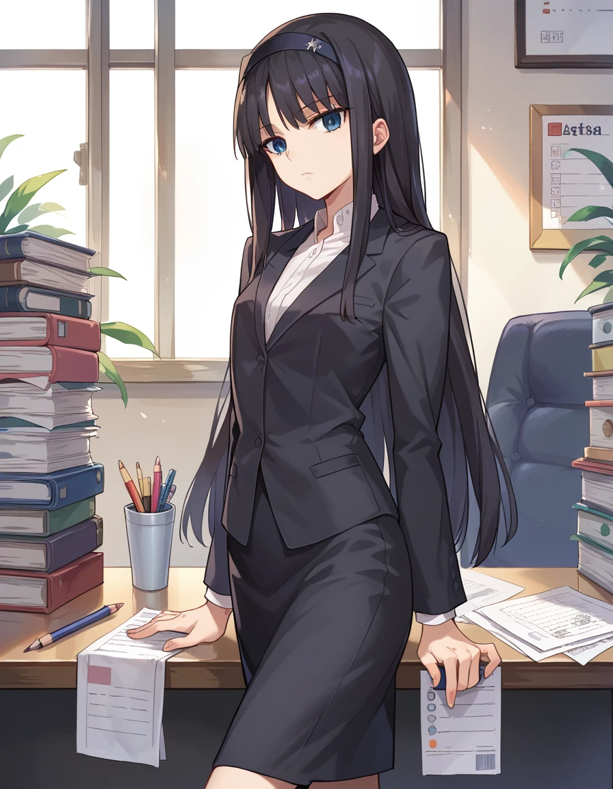 (best quality:1.4), (masterpiece:1.4), 1girl, akiha tohno, suit, office lady, black suit, pencil skirt, long hair, teenager, looking at viewer, extremely detailed, anime, age 15, black hair, office worker, expressionless,