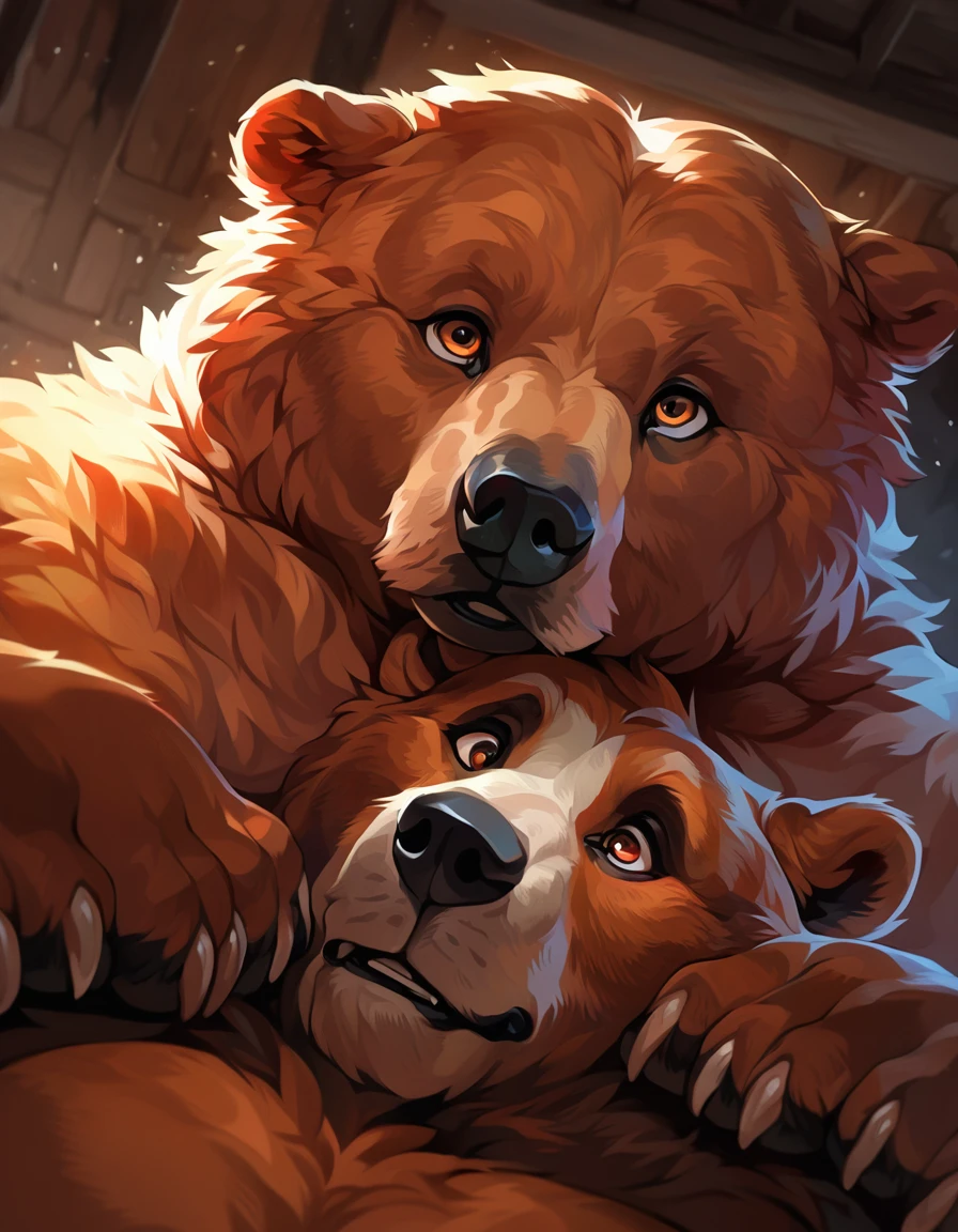 Close-Up Portrait: Obese Kodiak Bears duo; loving affection enjoying closeness; looking concerned and intent, high quality, very detailed eyes, very masculine Bears, hyper-detailed emotional eyes, ultra-detailed, masterpiece, captivating artwork, artistically rendered, attention to detail, immaculate composition, alluring charm, careful shading, perfect anatomy, meticulous rendering, impeccable craftsmanship, vivid colors, Detailed body, basement darkness, Detailed paws, Shining Body, Shiny body, Motion Blur, Dynamic Angle, looking at viewer, close-up OP-POV looking up; by FTGBear;