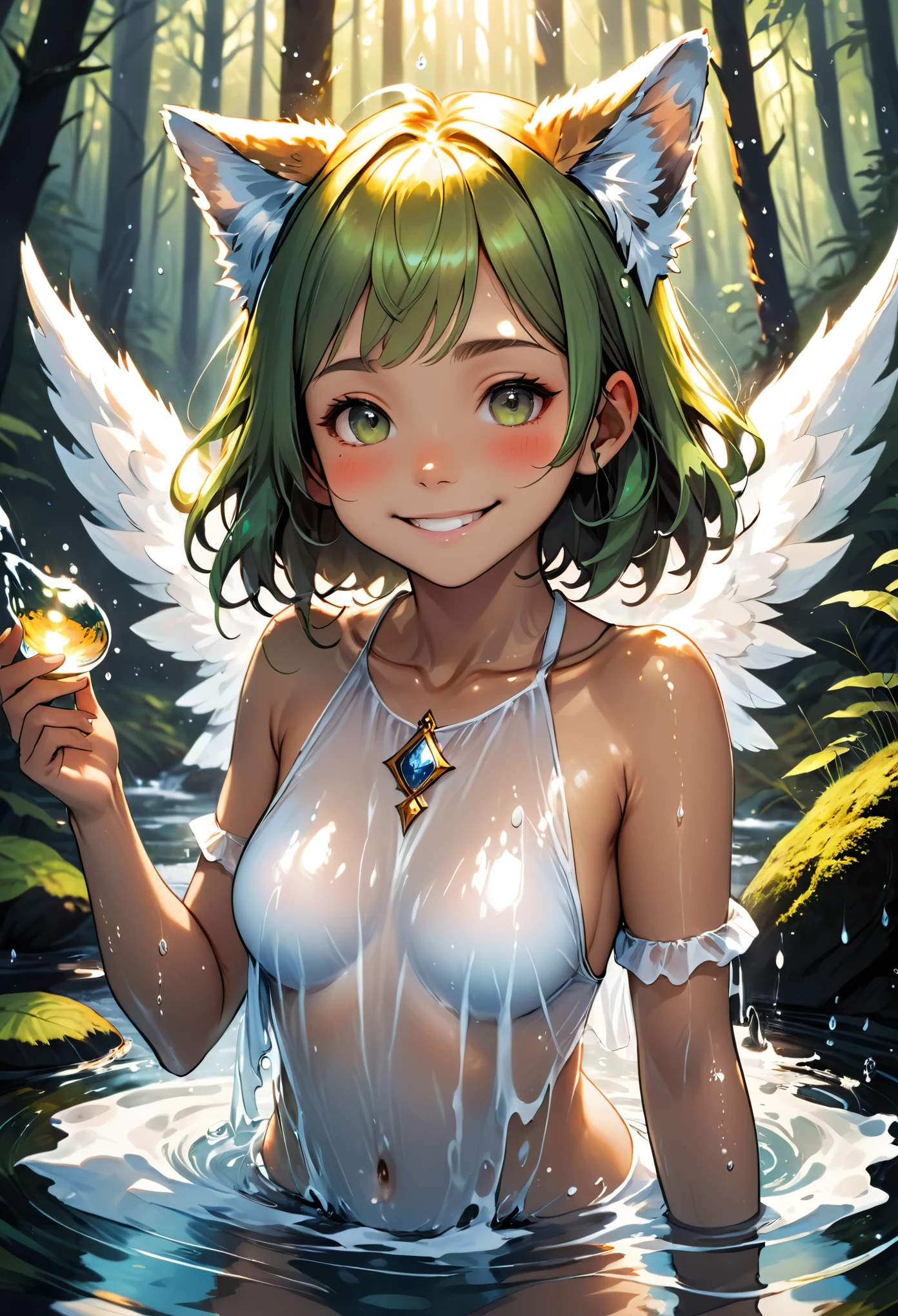 In a mystical forest outdoor shower, Tinkerbell and Snow white are showering. Both are fully wet, soapy and fully naked. Large nipple areolas, long erect nipples, discrete pubic hair. They kiss passionately as they grab each other's breasts.