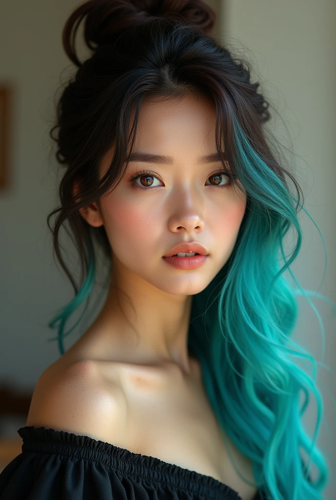 32K, Highest quality, masterpiece, Realistic, Very detailed, photograph, High resolution, 行photograph, High resolution, Confused, Smoother light, Official Art, Written boundary depth, Bright light,
close, thin, Detailed face, anger, Beautiful attention to detail, Korean 1 person, cute, Highest quality real texture skin,
, Black Lips, eyeliner, Gothic, Goth Girl,((multicolored hair colors:1.2)),(((Completely naked))),(((nsfw))),((Small breasts:1.2)) ,