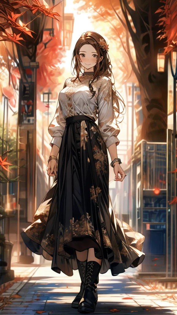 Best Quality,High image quality,Masterpiece,1girl,Adult women, Dark brown hair,Long Hair,Side braiding,Droopy eyes,8 heads,Big Breasts,blouse,Stole,(Brown lace maxi long skirt),Beautiful lace,boots,standing,Elegant appearance,smile,autumn leaves,Tree-lined street,Detailed cloth texture,Photographed from the front,Soft Light