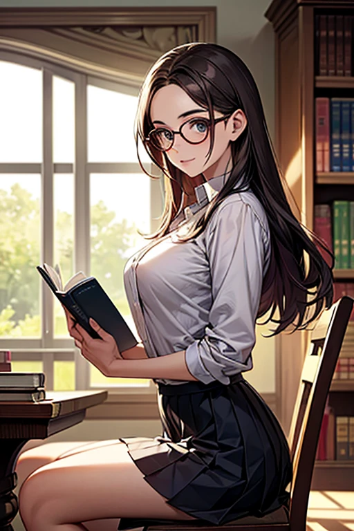 (masterpiece:1.1), (highest quality:1.1), (detailed:1.1), (photorealistic:1.3), (1girl:1.4), young woman librarian with brown hair, french braid, glasses, shy smile, (dutch angle:1.2), surrounded by piles of books, light sparkles, dust motes, light shafts, backlighting, Style-Lab, Style-Princess