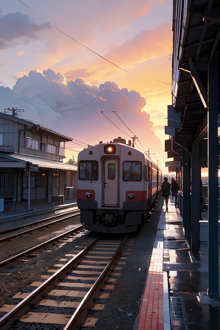 anime、Best Quality, Beautiful vast plains, , flower, Earth, horizon, (詳細な近代的なStation platformに女の子がいる), Cumulonimbus, sunset, Sudden Rain, Station platform, shinkai makoto