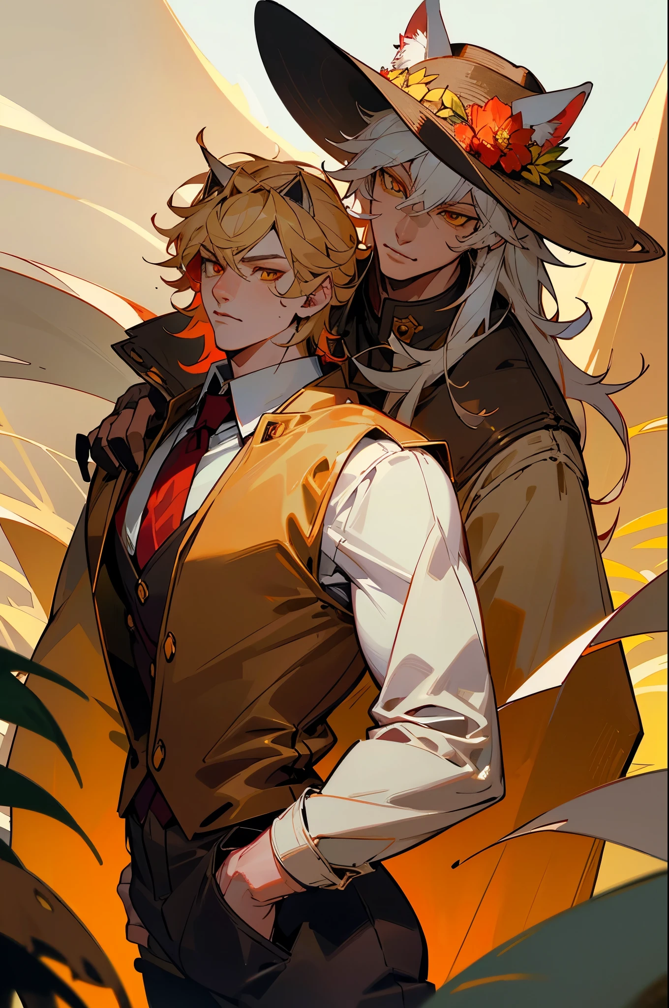 Cartoon character,high quality illustration,furry masculino,body color white, details on the red face,yellow eye color, white wolf ears,red color at the tips of the ears, black cowboy hat, brown sleeveless jacket with gold details,gray hand hair color, exploration pants,illuminated place,giorno,Oasis.
