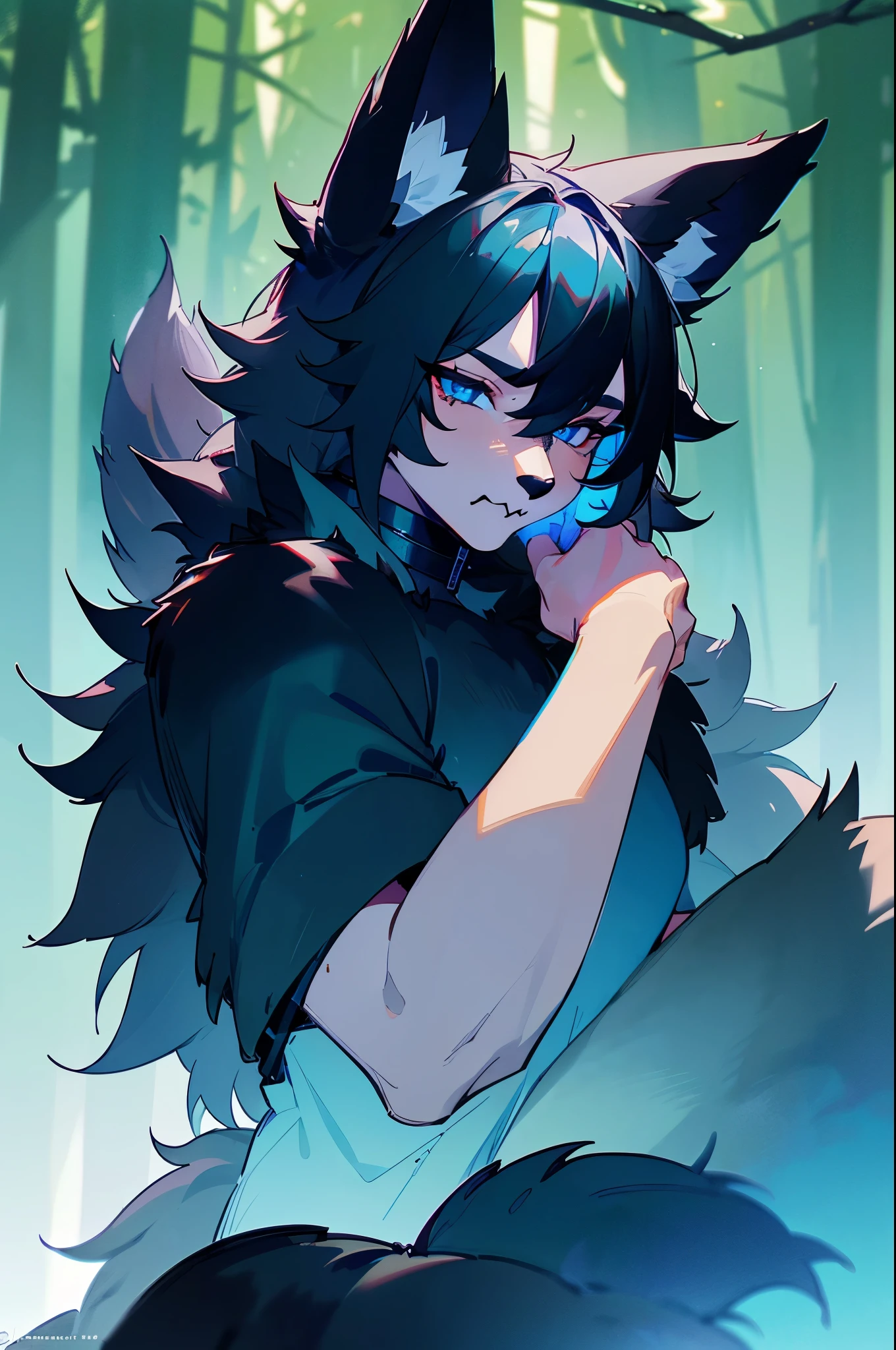 Male, 30 years old, cute, eyeliner, very sad expression, pout, black leather jacket, anthro, wolf ears, (black fur:1.5), wolf, forest background, 8k, hi res, (best quality, masterpiece), (wolf tail:1.5), detailed fur, solo, leash and collar, blue jeans, blue eyes,