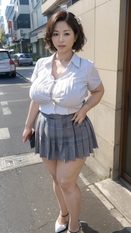 Realistic、Ultra-dense skin、Perfect Anatomy、Photorealistic、Japanese women、Mature Woman、milf、White skin、sexy、(50 years old:1.5)、Earrings、((curvy、Large Breasts、Emphasizes plump thighs:1.4))、((Open chest shirt、Ultra short checkered pleated micro mini skirt、High heels:1.5))、((Standing on the sidewalk、Front View、Full body view:1.3))、Background Blur、full body、looking at viewer、shoot from front、(High heelsから頭まで全身を撮影:1.3) 