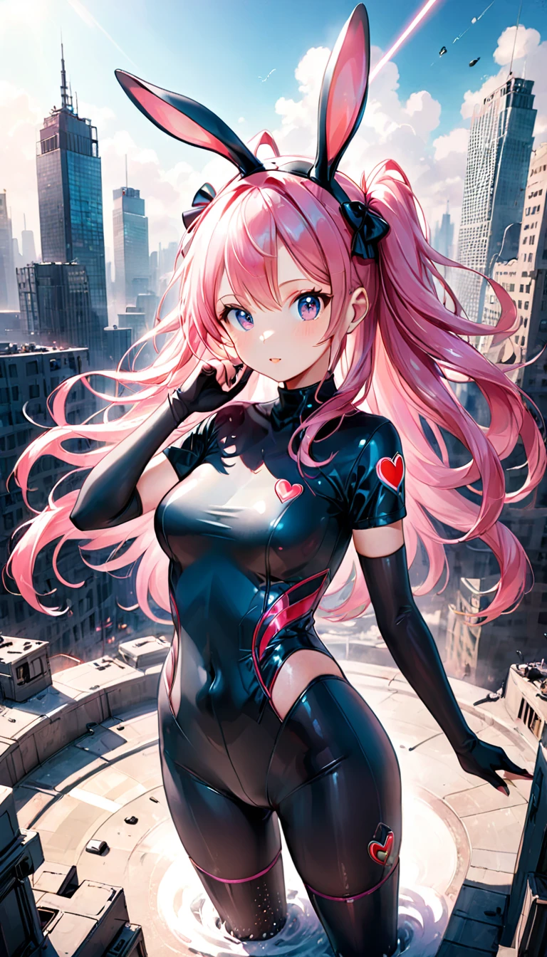 POV: Looking up at character, 1 female, cat girl, (((pale skin))), (((pink colored cat ears))), ((appearance: streaming red hair ribbons, radiant red colored eyes with cat shaped pupils,)), ((hair: long pink hair, straight hair, drills, side bangs, pink hair, pink cat ears)), ((body: , slender figure, large breasts, wide hips)), ((clothing: red dress, hear shaped cutout, black fishnets)), ((pose: arms folded, smiling, happy)), ((scene: busy metropolis)), high quality,best quality, 8k_wallpaper,extremely detailed eyes, (large masterpiece digital art), (detailed manga illustration), (detailed line art), ((perfect)) anatomy, best hands)), (intricate details:1.3), (ultra-detailed:1.3), (illustration:1.3), (sharp focus:1.3), (natural lighting:1.05), (vivid colors:1.3)