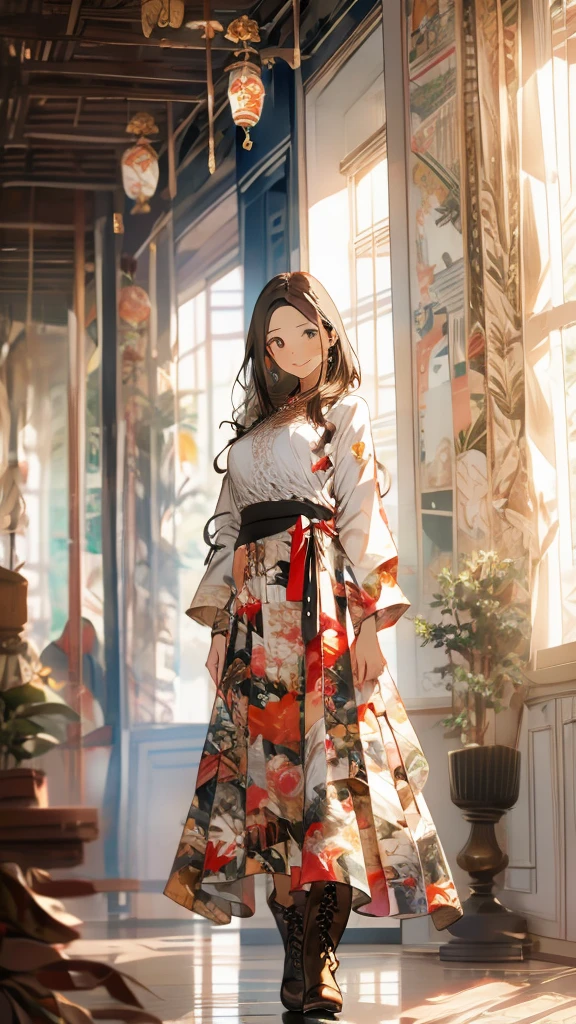 Best Quality,High image quality,Masterpiece,1girl,Adult women, Dark brown hair,Long Hair,Side braiding,(Droopy eyes:1.5),8 heads,Big Breasts,blouse,Stole,(Brown lace maxi long skirt),Beautiful lace,boots,standing,Elegant appearance,smile,autumn leaves,Tree-lined street,Detailed cloth texture,Photographed from the front,Soft Light