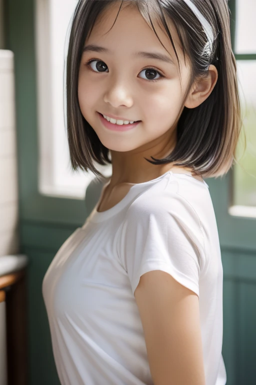 (((masterpiece))),  (((Full body photo，Standing))，(Beautiful Japanese Girl, Innocence，cute) ，Ultra-high resolution realistic, Super detailed, 8k,Best Quality, Very detailed, Blurred Background,Slender,small ，とてもBeautiful Japanese Girl, Detailed face:1.3), (Short hair like a boy，Black-haired:1.4), (Baby Face，cute系,Adorable girl), (Perfect body:1.1),  (White T-shirt and white panties), Embarrassed look，Detailed face、Rosy Cheeks，Detailed lips、Detailed big eyes、small gravure idol，Clear Skin、，Embarrassing pose，Shower room