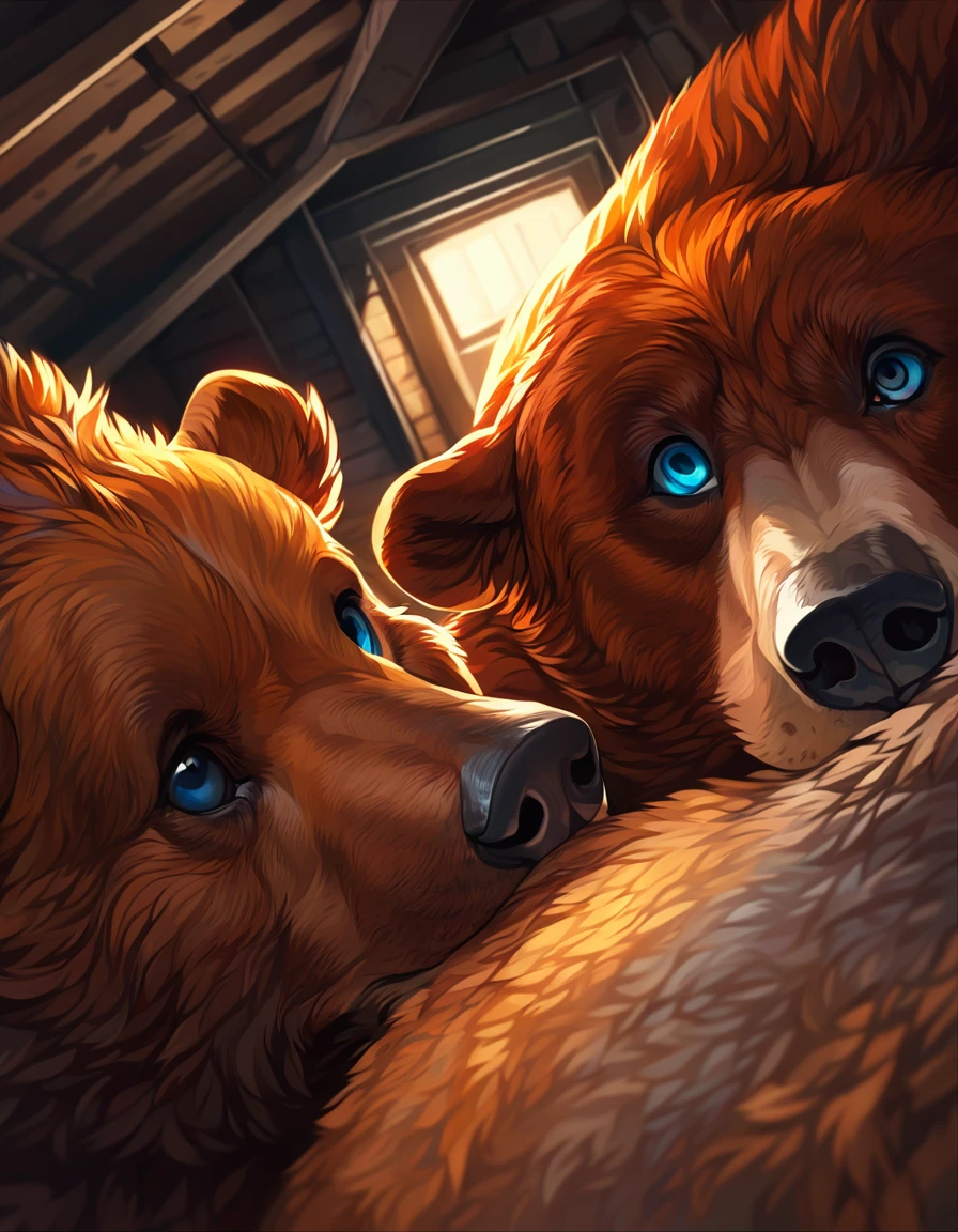 Close-Up Portrait: Obese Kodiak Bears duo; loving affection enjoying closeness; looking concerned and intent, high quality, very detailed eyes, very masculine Bears, hyper-detailed emotional eyes, ultra-detailed, masterpiece, captivating artwork, artistically rendered, attention to detail, immaculate composition, alluring charm, careful shading, perfect anatomy, meticulous rendering, impeccable craftsmanship, vivid colors, Detailed body, basement darkness, Shining Bodies, Shiny body, size difference, Dynamic Angle, looking at viewer, close-up OP-POV looking up; by FTGBear;