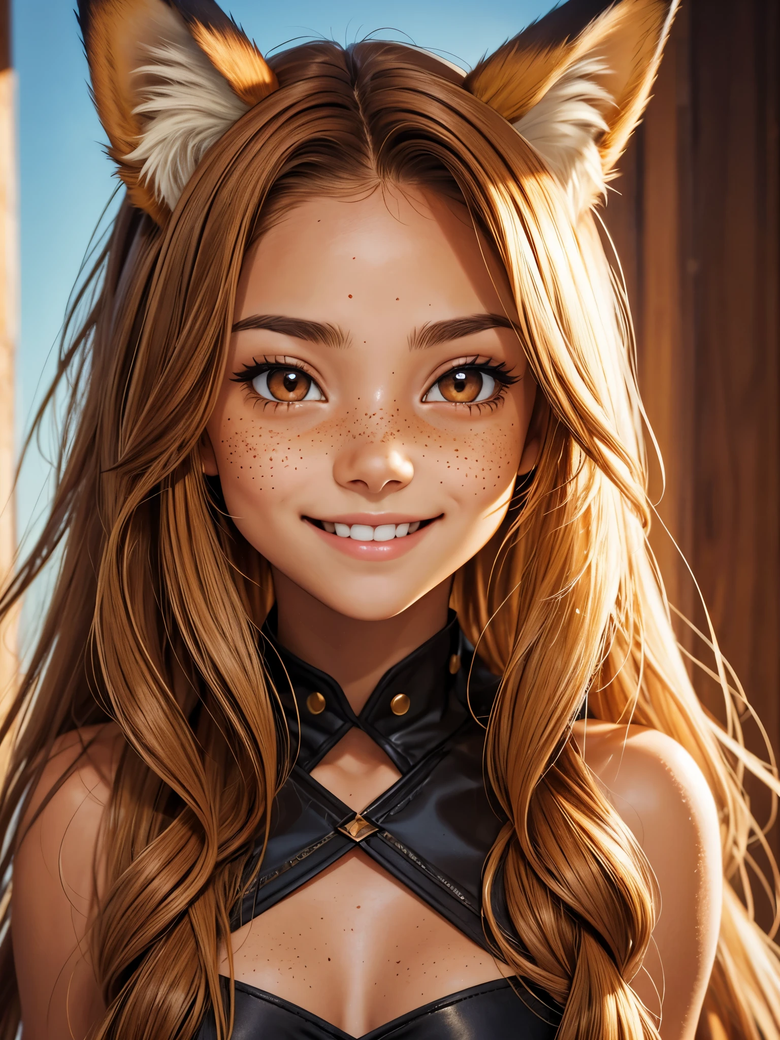 (best quality), 1girl, female, honey toned skin, chestnut hair, long hair, slightly wavy hair, brown eyes, perfect eyes, freckles, (fox ears), petite, small bust, smile, masterpiece, anatomically correct, highres
