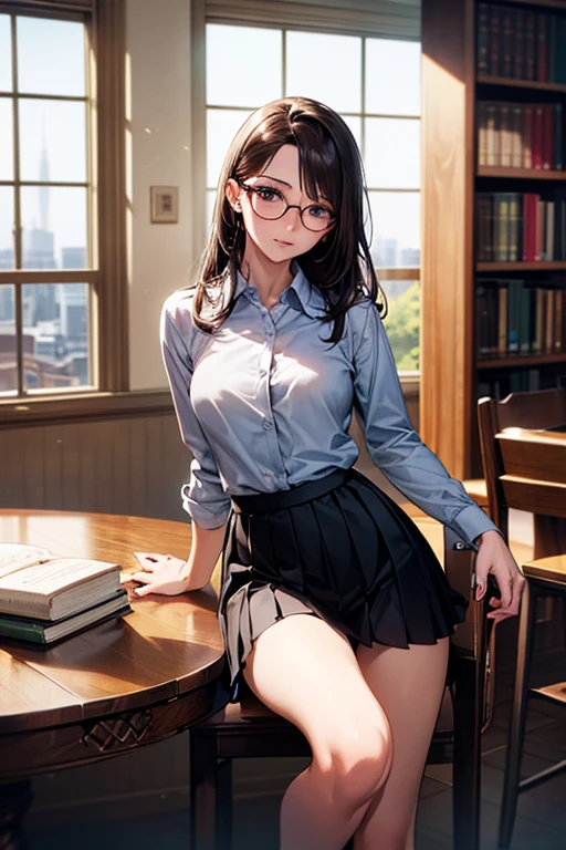 Smiling beautiful Asian woman, glasses, short wavy black hair, white blouse, black microskirt, beautiful vagina.sitting on dusty chair spreading legs, holding skirt lifting skirt. dramatic lighting, abandoned restaurant setting, dark atmosphere, intense colors.
Frontal view perspective.
Smiling