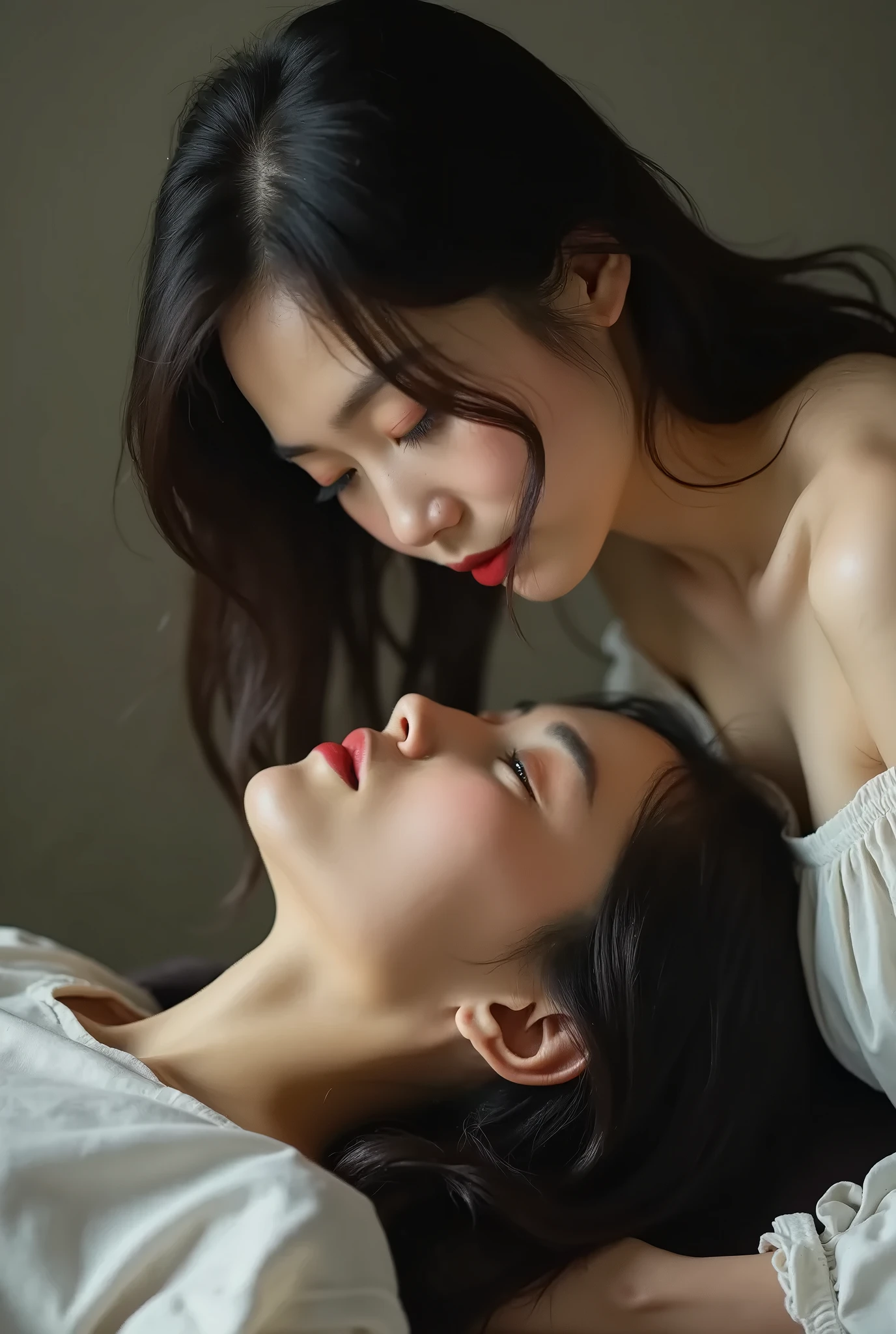 red-haired girl wearing a beige dress kissing a dark-skinned girl with short brown hair in a black dress,