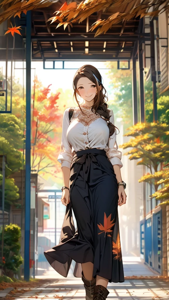 Best Quality,High image quality,Masterpiece,1girl,Adult women, Dark brown hair,Long Hair,Side braiding,(Droopy eyes:1.5),8 heads,Big Breasts,blouse,Stole,(Brown lace maxi long skirt),Beautiful lace,boots,standing,Elegant appearance,smile,autumn leaves,Tree-lined street,Detailed cloth texture,Photographed from the front,Soft Light