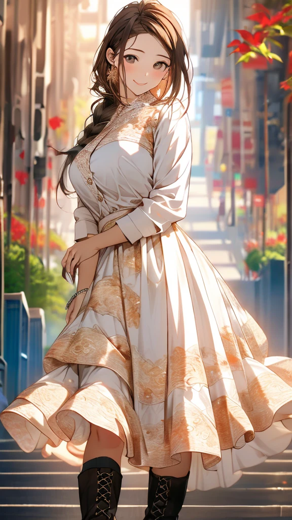 Best Quality,High image quality,Masterpiece,1girl,Adult women, Dark brown hair,Long Hair,Side braiding,(Droopy eyes:1.5),8 heads,Big Breasts,blouse,Stole,(Brown lace maxi long skirt),Beautiful lace,boots,standing,Elegant appearance,smile,autumn leaves,Tree-lined street,Detailed cloth texture,Photographed from the front,Soft Light