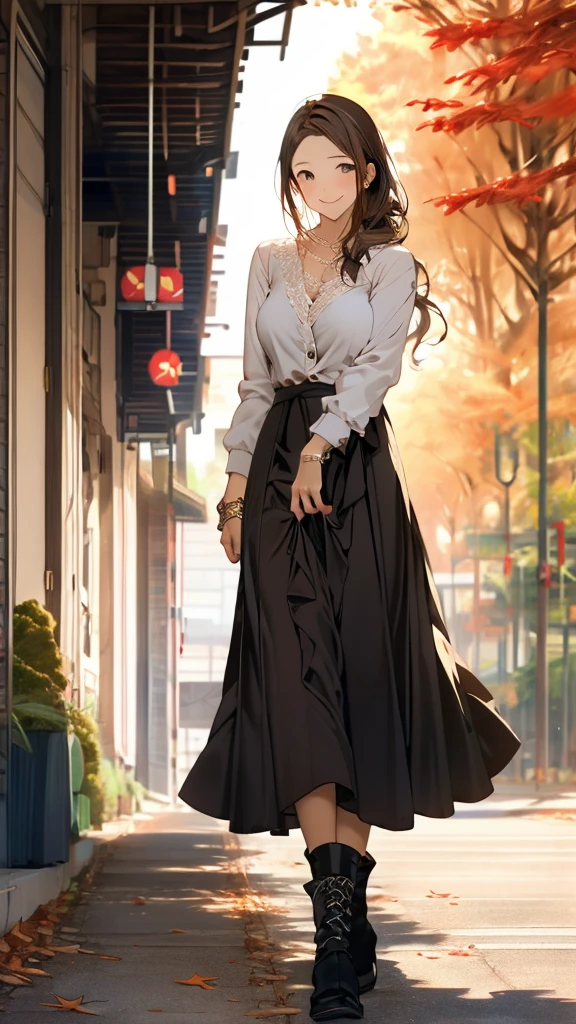 Best Quality,High image quality,Masterpiece,1girl,Adult women, Dark brown hair,Long Hair,Side braiding,(Droopy eyes:1.5),8 heads,Big Breasts,blouse,Stole,(Brown lace maxi long skirt),Beautiful lace,boots,standing,Elegant appearance,smile,autumn leaves,Tree-lined street,Detailed cloth texture,Photographed from the front,Soft Light