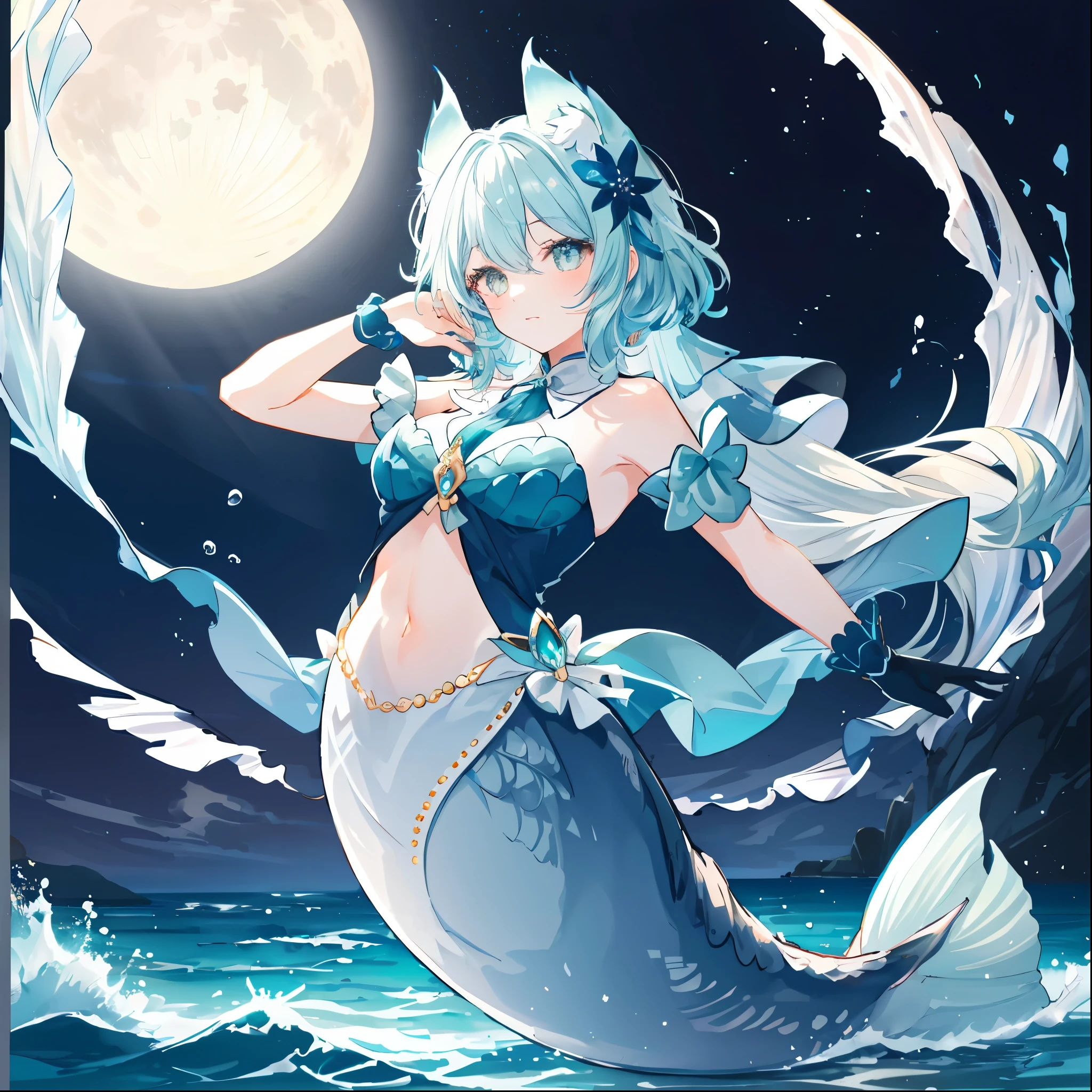 On a moonlit night, furry anthro, kemono, mermaid, a beautiful woman with bright shining scales on her skin dances gracefully on a white sandy beach Her beautiful face and brightly colored shining eyes The sea and the woman's scales shining faintly in the moonlight. Detailed drawing Vivid colors High image quality,