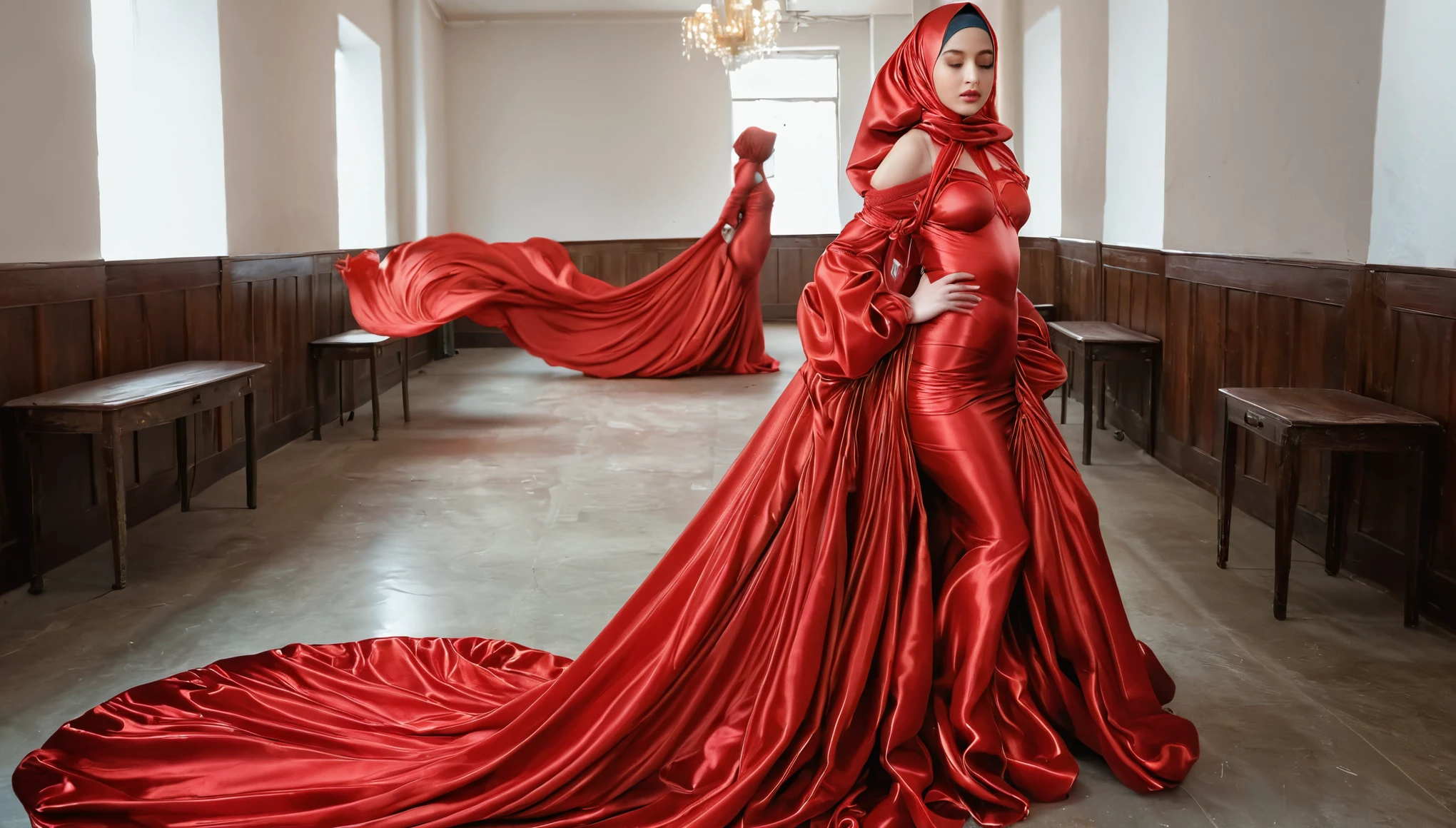 a secretary in the translucent silk red gown, tight full body tied, satin sheet, nipple on with nipple piercing, wearing translucent veils, face cover with veil, satin hijab, long satin, mermaid tight long skirt, flowy dramatic long gown, tall women, walk downstair, full body pose, strugle, wear high heels, office room,carry folder, masterpice.