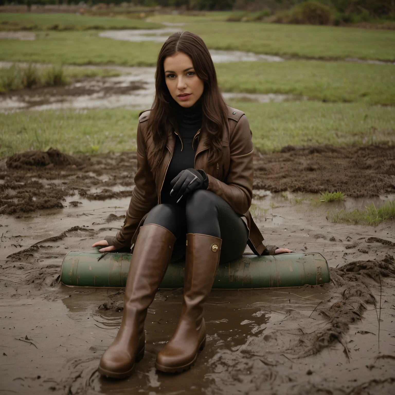 8k, ultra-detailed, grainy film photo, masterpiece, physical-based rendering, ultra-detailed, side view:1.0, vivid, muffled colors, muted light:1.2, intensive dry-humping movements:1.4, messy stockings, messy detailed pencil mini-skirt, messy leather jacket, turtleneck sweater:1.2, mature depraved woman drowning in mud swamp, long messy brunette hair, asian, beige, brown, creating a wave of dirt around herself