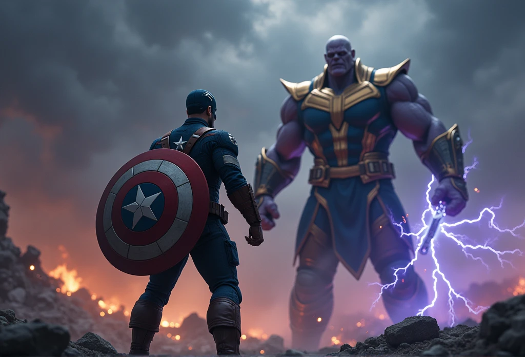 Marvel, Captain America, Captain Americaがヴィヴラニウムシールドとトールハンマーを持って立ち向かう:1.3, Lightning rages from the hammer, Burst of Lightning, Thanos, 迎え撃つThanos:1.2, Infinity Gauntlet, Dark clouds gathering background, Dark Background:1.2, Thundercloud, Cinematic expression, Cinematic Effects, A scene from a movie, ((UHD, masterpiece:1.2, textured skin:1.3, high details:1.3, best quality, highres:1.3))