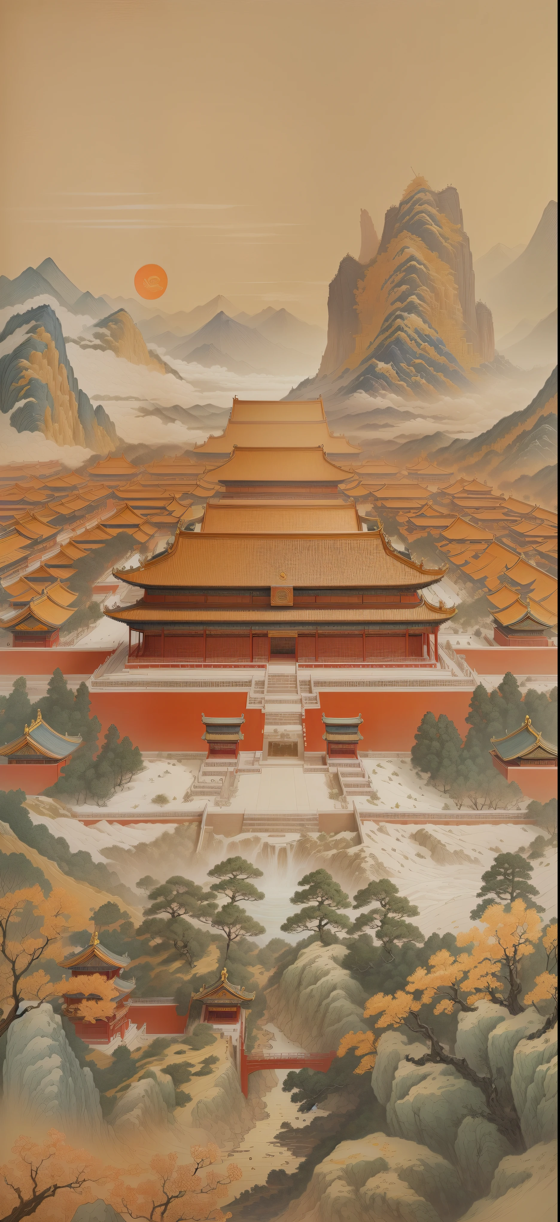 View of the courtyard of the Red House with red walls, the forbidden city, the forbidden city, in forbidden city, golden hour in beijing, Ancient Chinese architecture, Chinese architecture, Chinese style buildings, Chinese palaces, the imperial palace, in forbidden city rainning, dreamland of chinese, beijing, with ancient chinese aesthetic, Chinese tradition, Tiananmen square