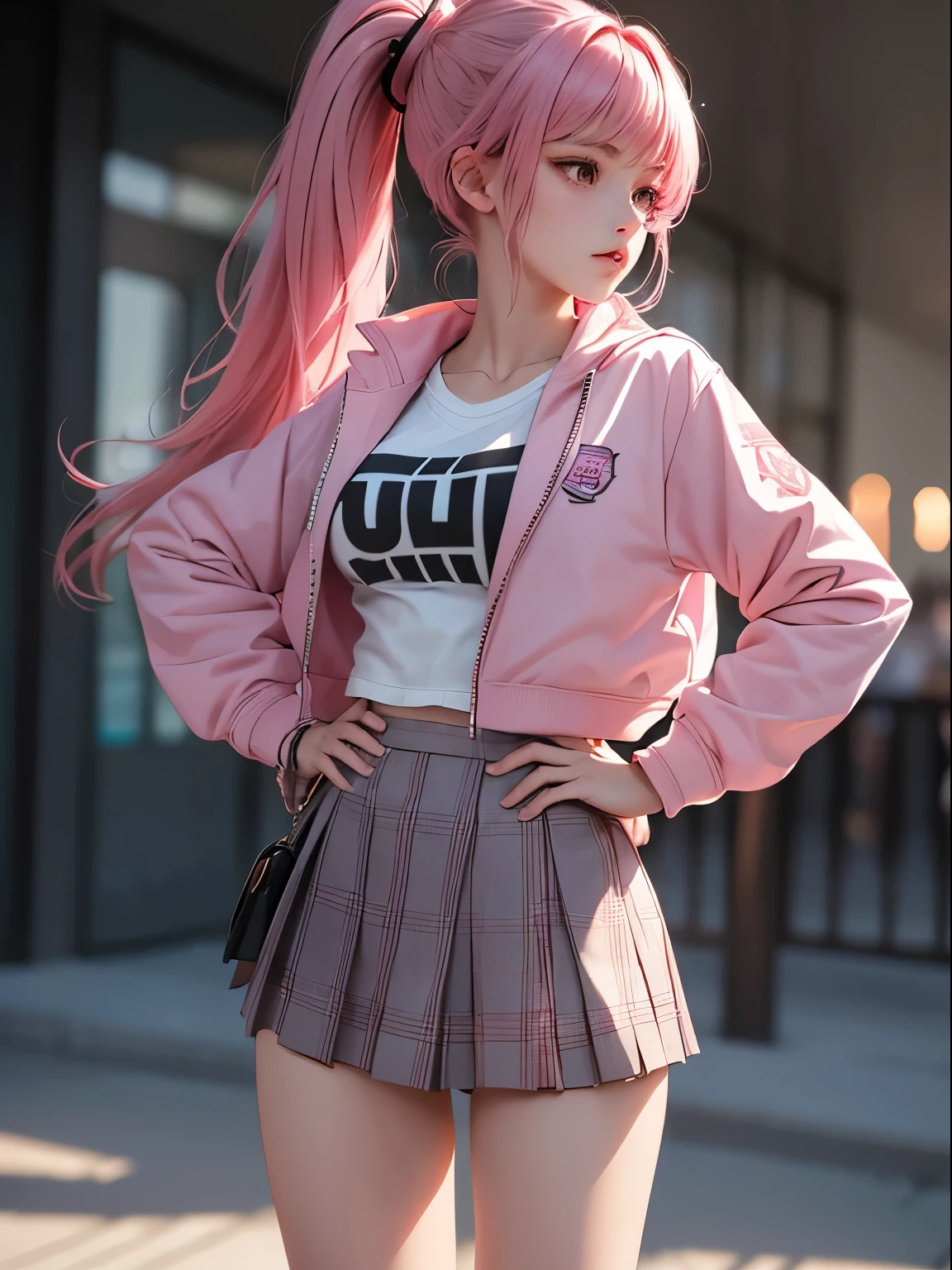 (masterpiece), (best quality), (High contrast), (Realistic), 1 girl, pink hair, ponytail hairstyle, bangs, (beautiful detailed face: 1.0), brown eyes, feminine focus, red fitted school jacket, (tight clothes), no bra, big breasts, (perfect body), white plaid miniskirt, beautiful hip, slender legs, white socks, school shoes, school, (8k lighting),