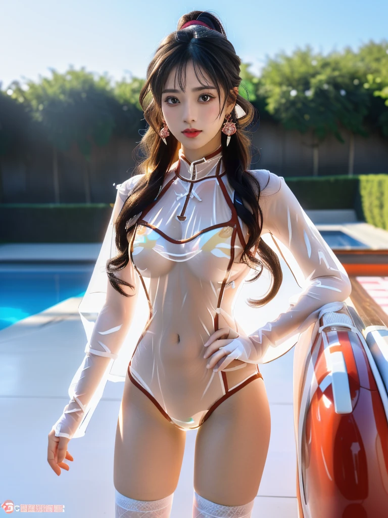 1 beautiful women got wet, ((sleep in the bus)), closed eyes, transparent underboobwear, beautiful face, seductive, a lot makeup, (short wavy red hair, bob cut), wet underboobwear, highheels, open legs, red mini skirt