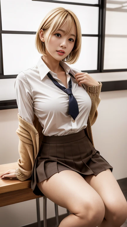 Charming anime girl, mini skirt、、White、Open your legs,展示White,[ 4k digital art ]!!,Hyperrealistic painting of beautiful camel toe、Beautiful thighs、美しいWhite、 The art of attention to detail, 8K High-Quality Detail Art,Curvy Tanned Girl,(puppet,Thick lips:1.2),Dress Shirts,Cardigan,,Side details,Pleated Skirt,Brown loafers,Blonde short hair,(Dark Jump:1.3),Loose socks,Sweating,closure,Squatting on the table,In the classroom,(Blushing),、((、Full display))