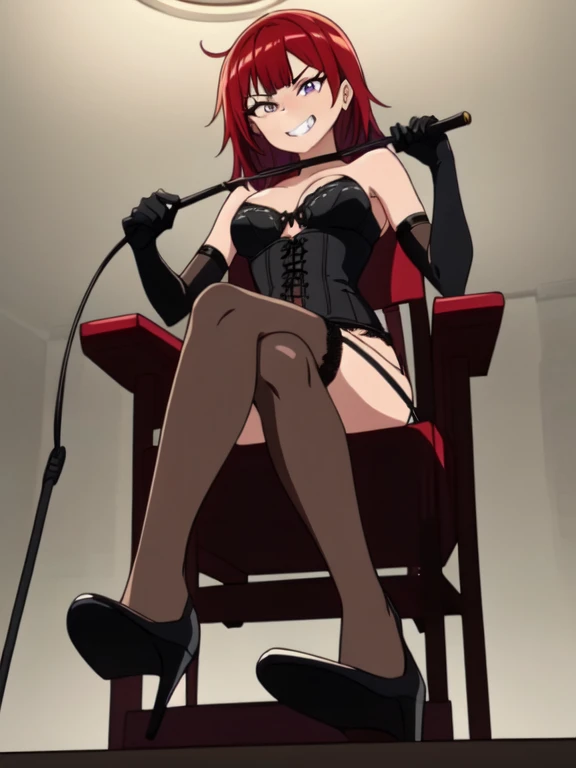 ((Best Quality)), ((masterpiece)), (detailed), prison, One person, femdom, dominatrix, looking at viewer, ((bare shoulders)), ((black bustier)), ((black stockings)), ((black g-string)), ((black high heels)), ((Black garter belt)), ((black elbow gloves)), ((evil grin)), from below, stare at viewer with stern eyes, ((((holding riding crop)))), ((chair)), ((female sitting in a chair)),