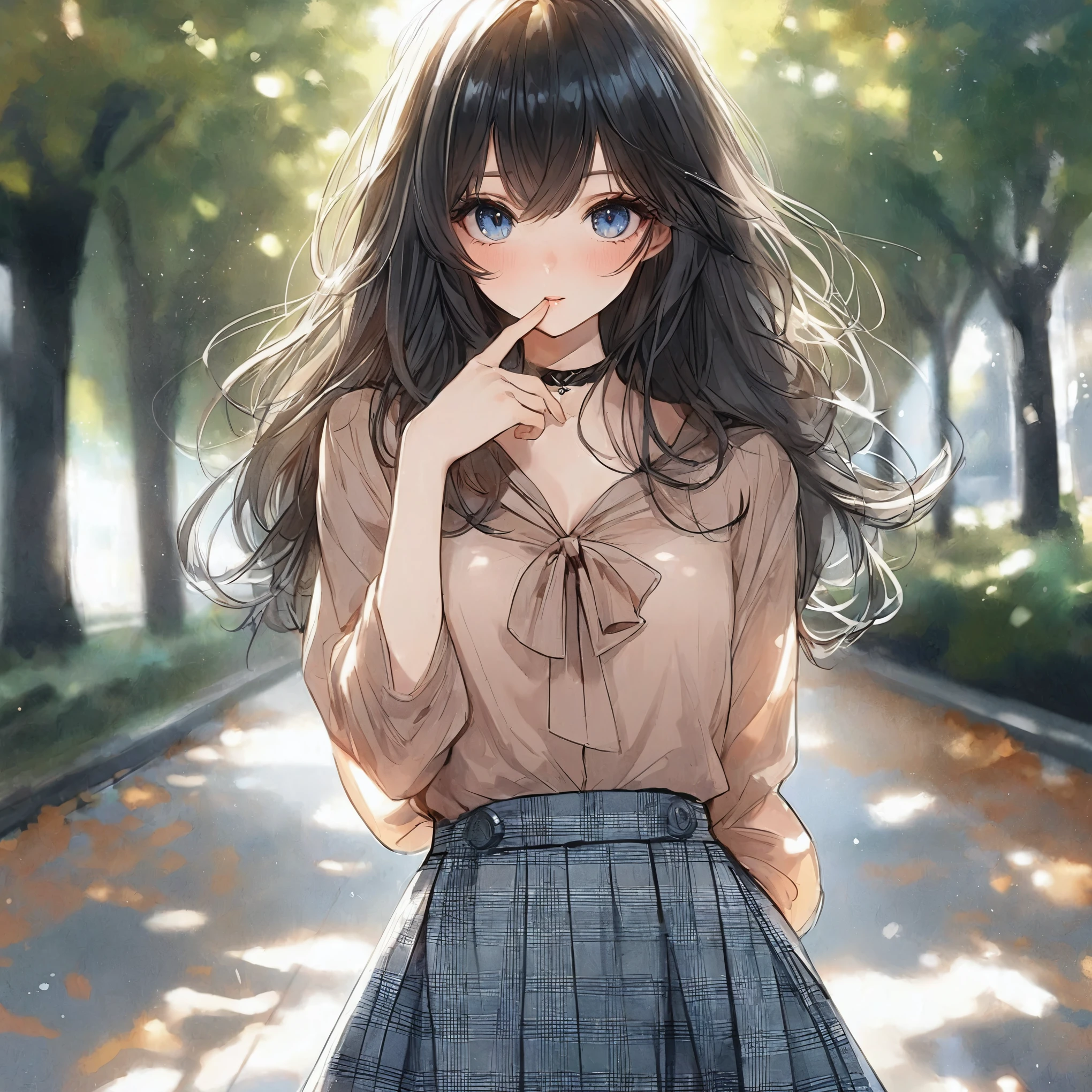 Anime girl with long hair and blue eyes standing in a park - SeaArt AI